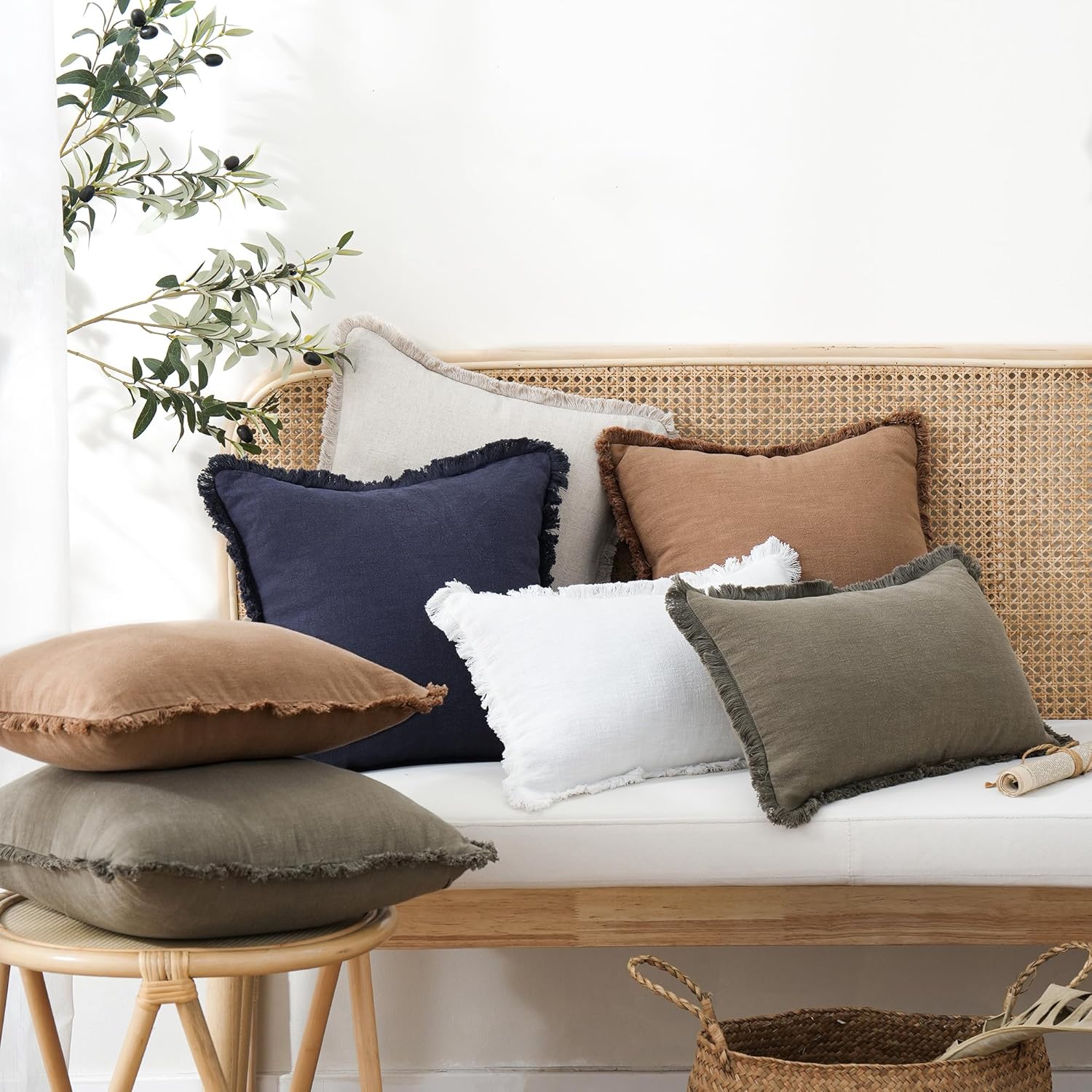 Decorative Linen Fringe Lumbar Throw Pillow Covers Boho Farmhouse Cushion Cover / 20 x 12 / Brick