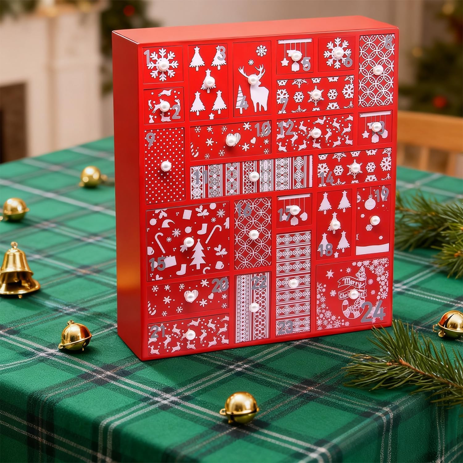 Juegoal Red Advent Calendar with 24 Drawers Countdown to Christmas, Refillable Wooden Advent, 15 Inches Tall