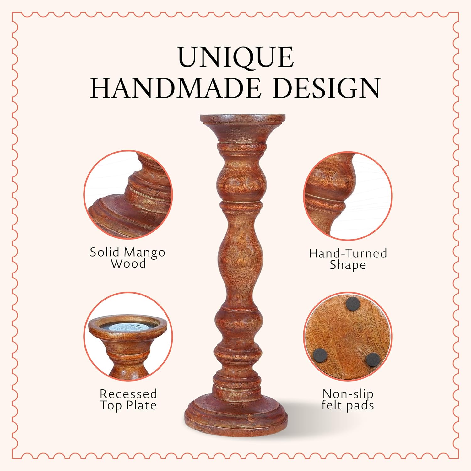 Willow Mango Wood Candle Holders - Medium Polish, Set of 3 | 9”, 12” & 15” hand-carved candle holders for table, mantel