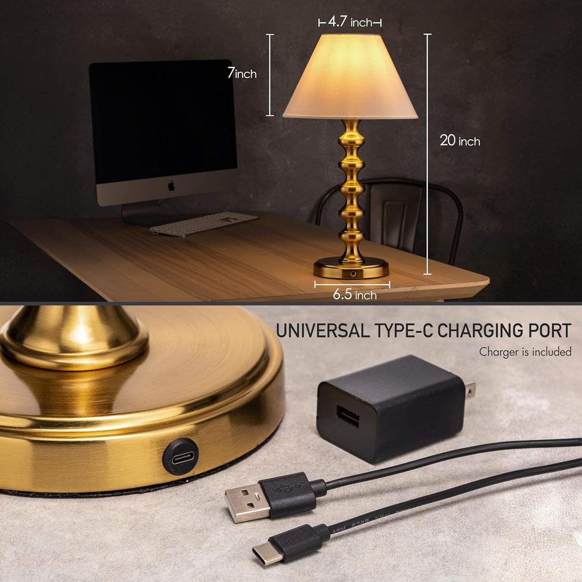 O'Bright Ember Rechargeable Table Lamp (Antique Brass_Baluster)