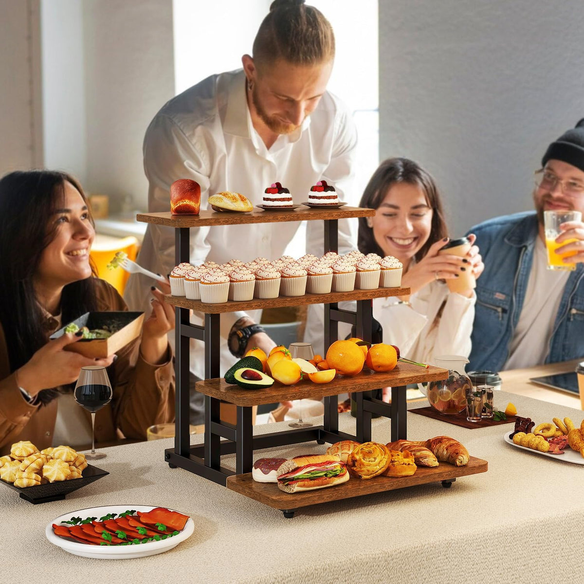 IBUYKE 4 Tier Cupcake Stand,Tiered Display Stand,Brown TLJ018H | Wooden Risers Display Stands for food Dessert Table
