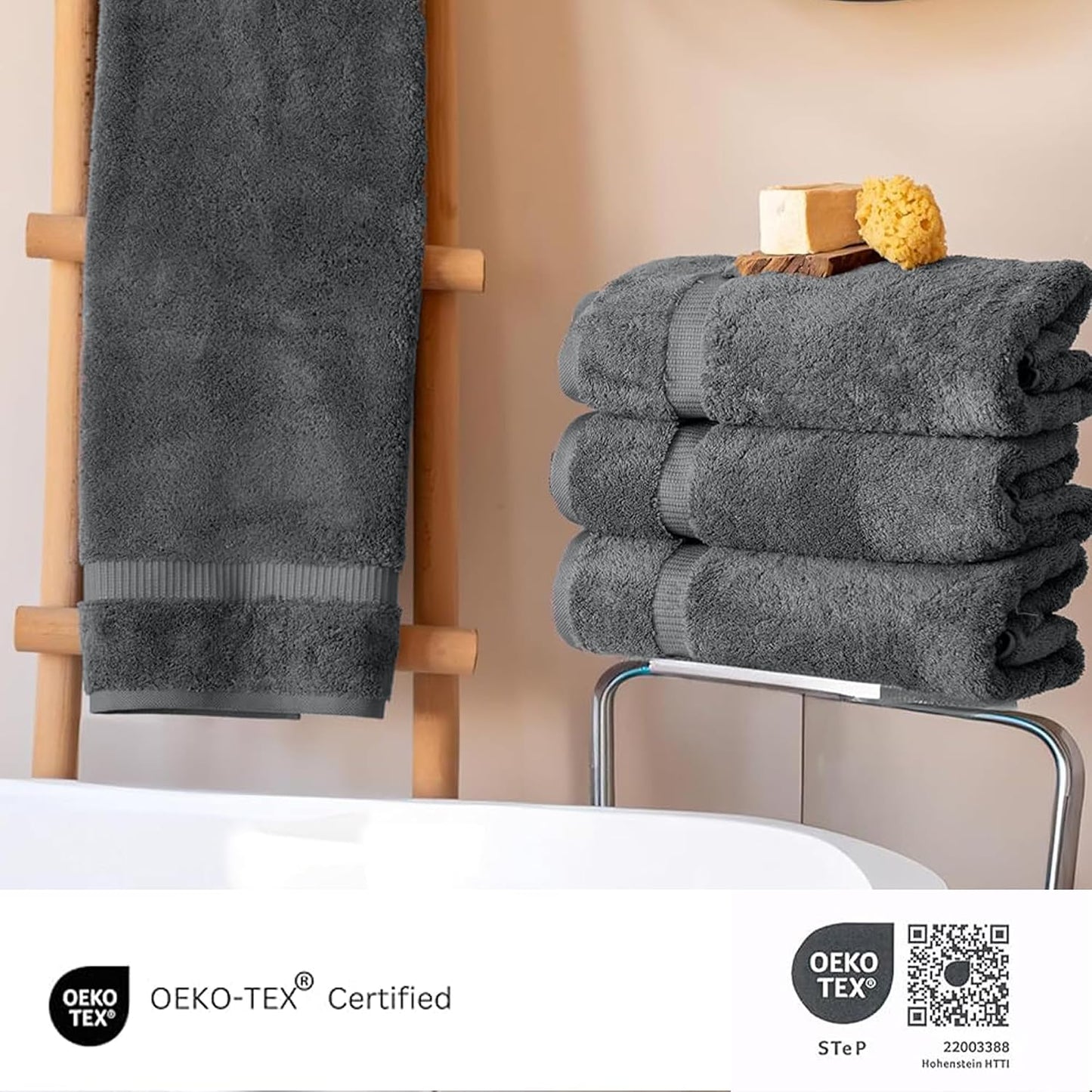 SALBAKOS 4-Piece 100% Turkish Cotton Bath Towels, 27x54 inch, Gray | Standard Size, 630 Gsm Thick Super Soft Highly