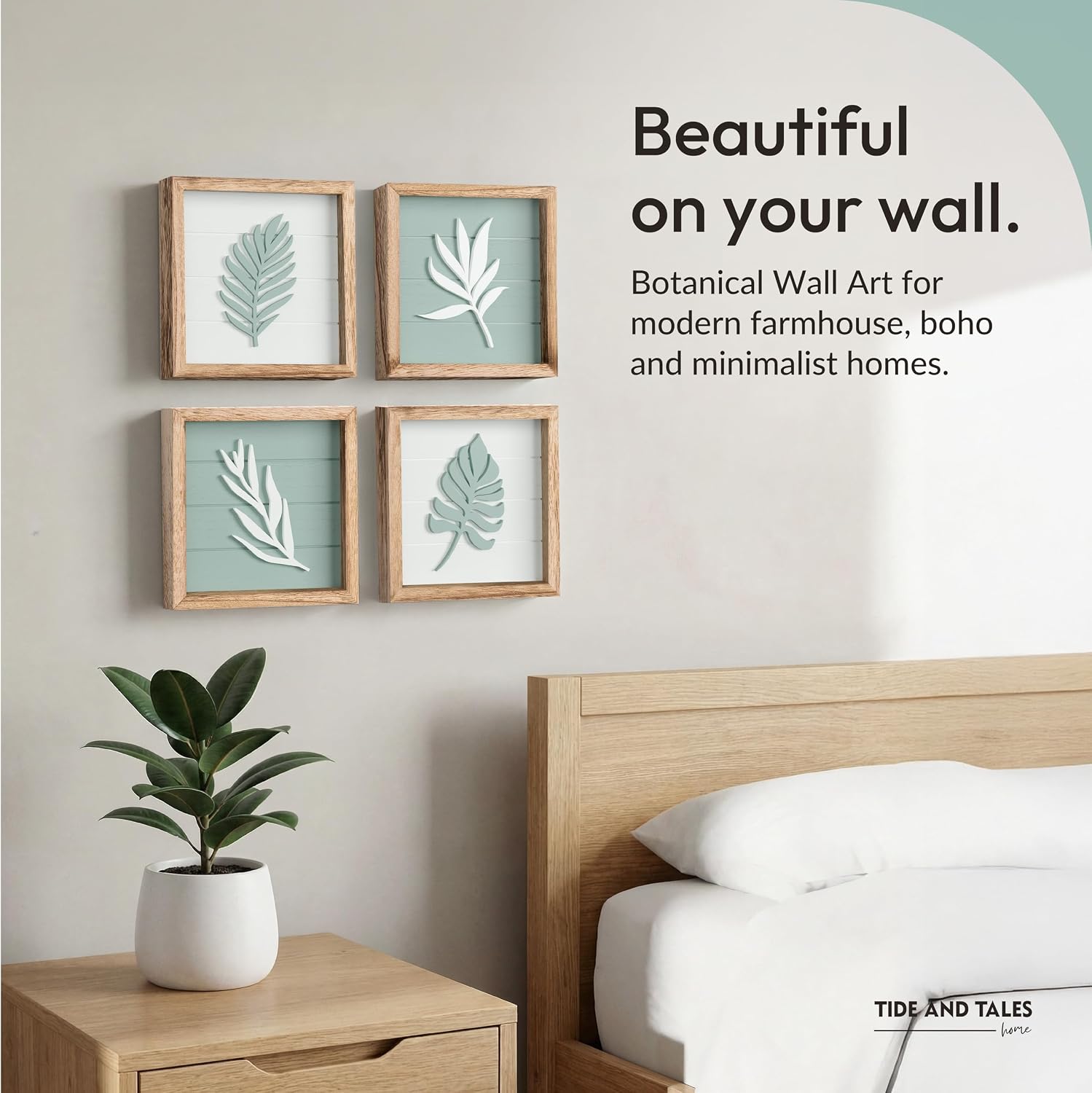 Textured Boho Botanical Bathroom Art Wall / Sage Green / Framed / 7 x 7 / Set of 4
