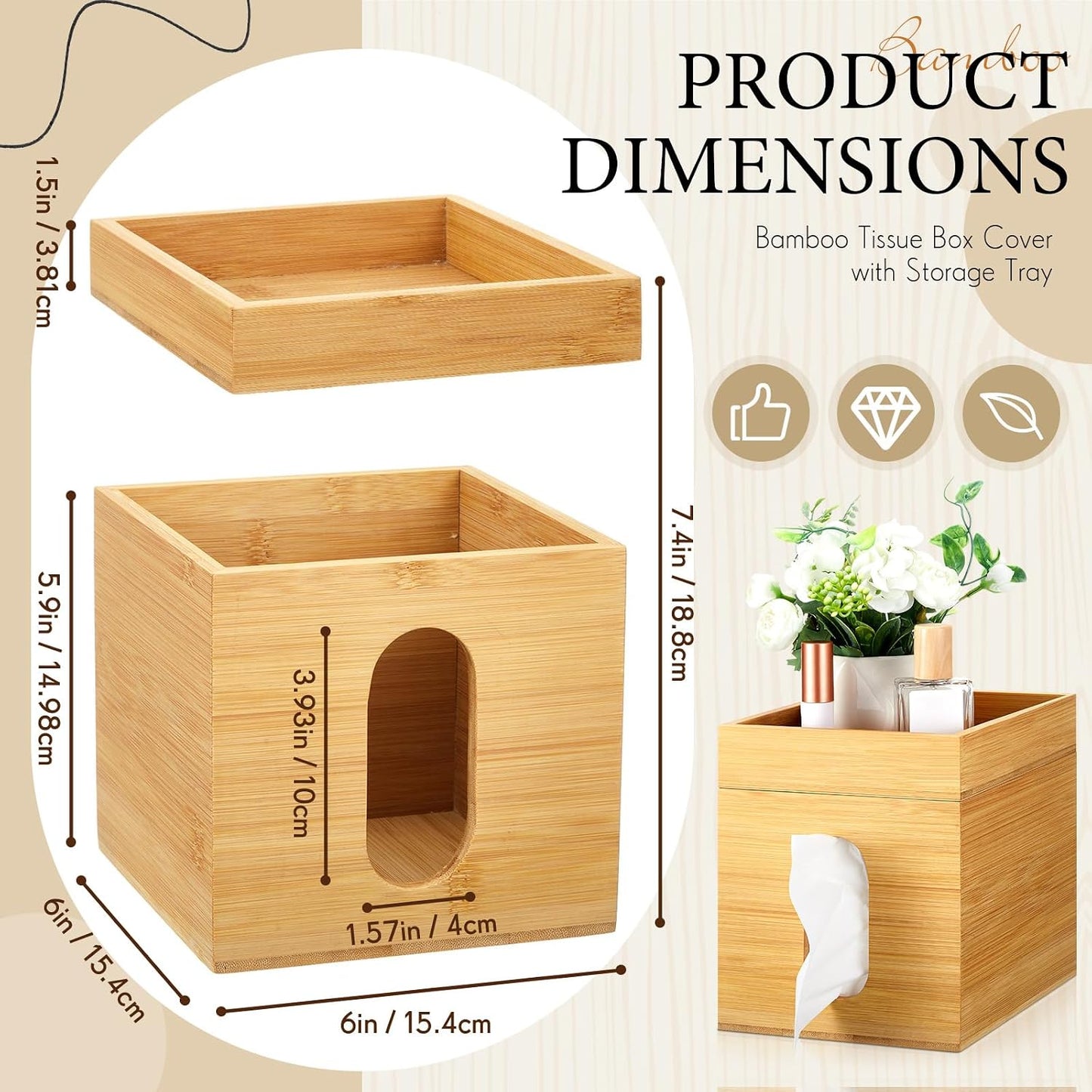 Bamboo Tissue Box Cover / 6 x 6 x 7.4