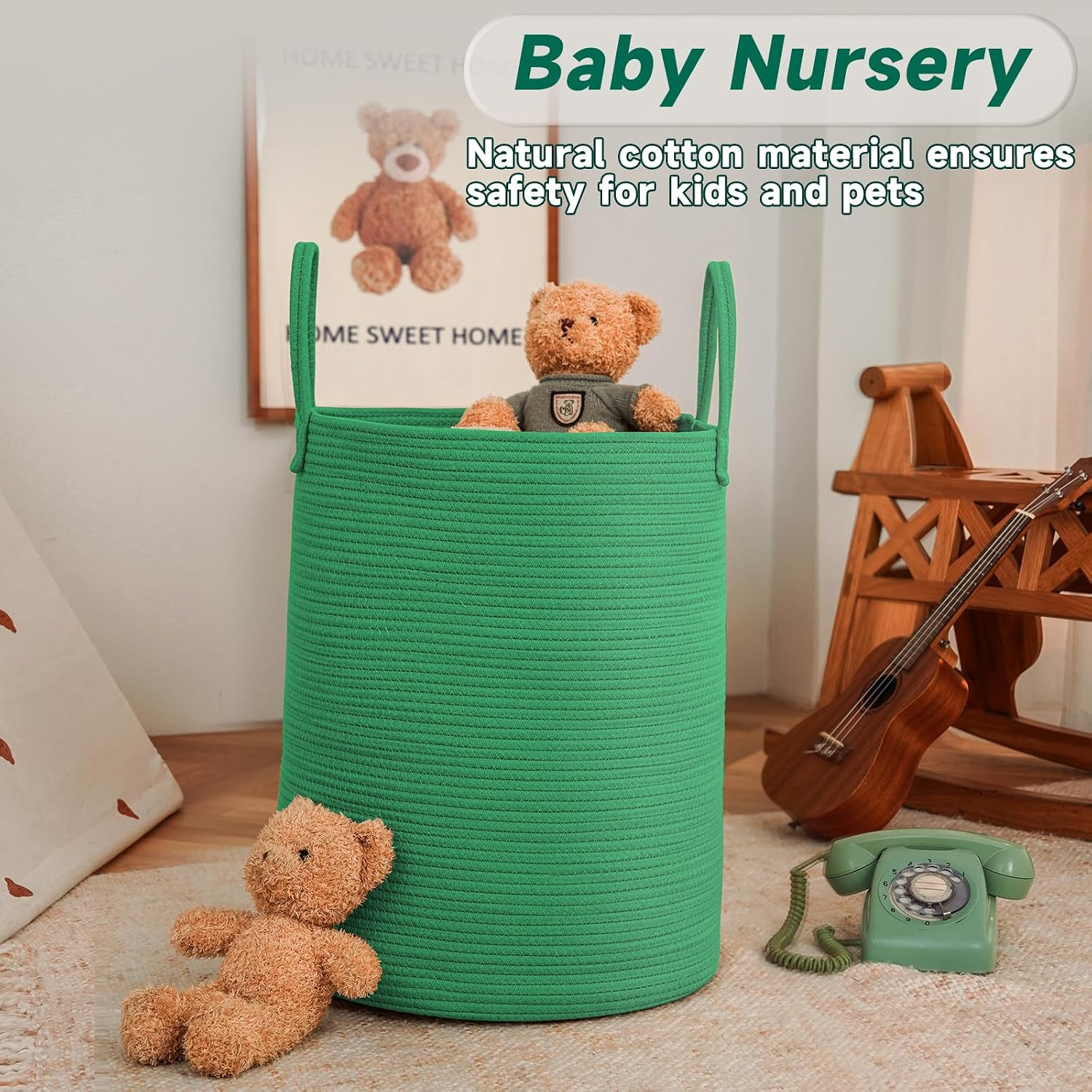 Large Woven Laundry Basket Hamper / Dark Green / 60L