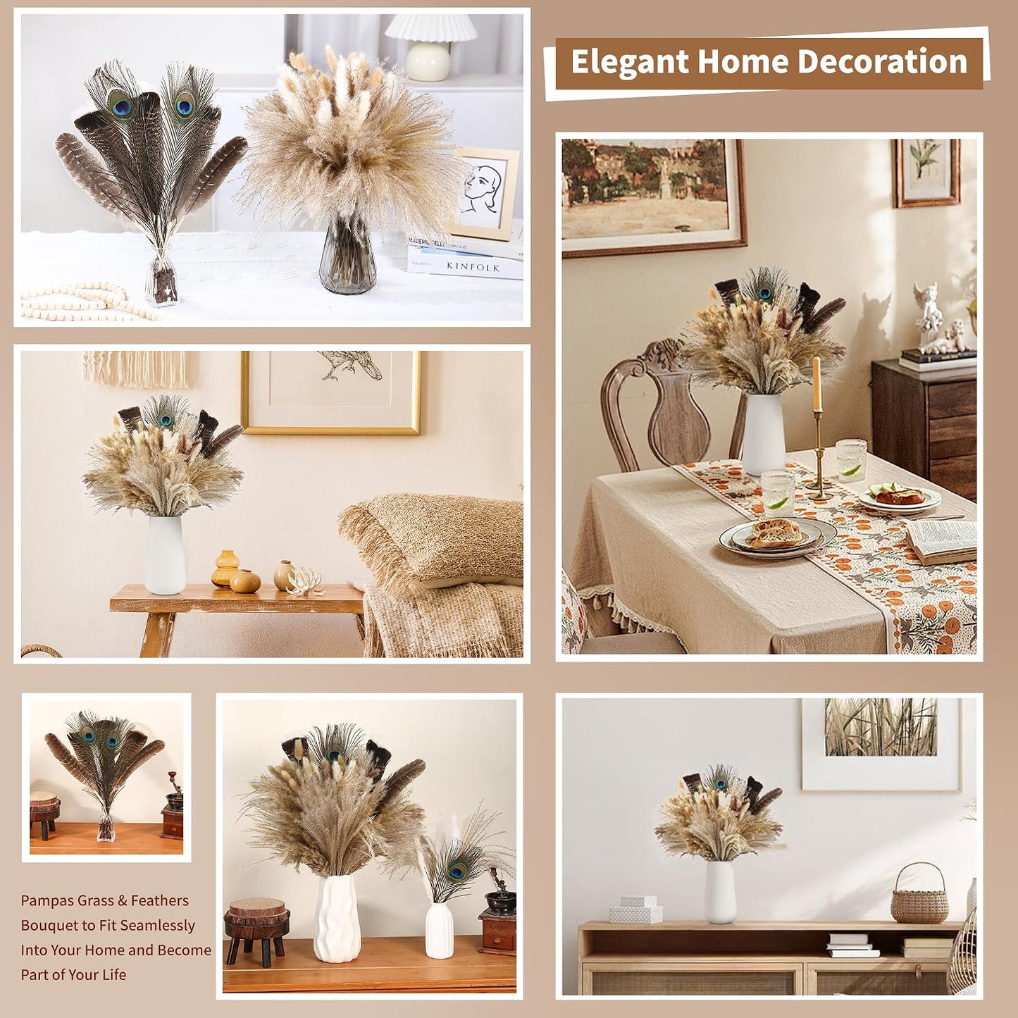 Feathers Boho Flowers Arrangement / 16-17inch / Natural / 17 Inch / Set of 100