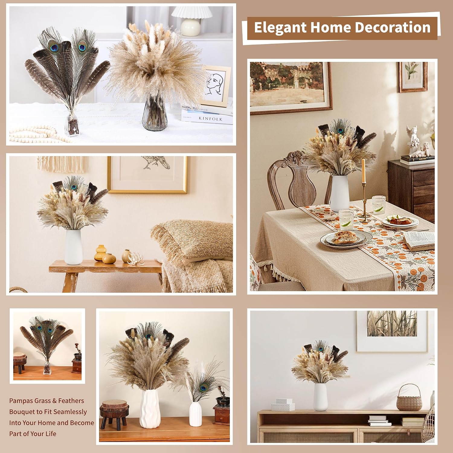Feathers Boho Flowers Arrangement / 16-17inch / Natural / 17 Inch / Set of 100