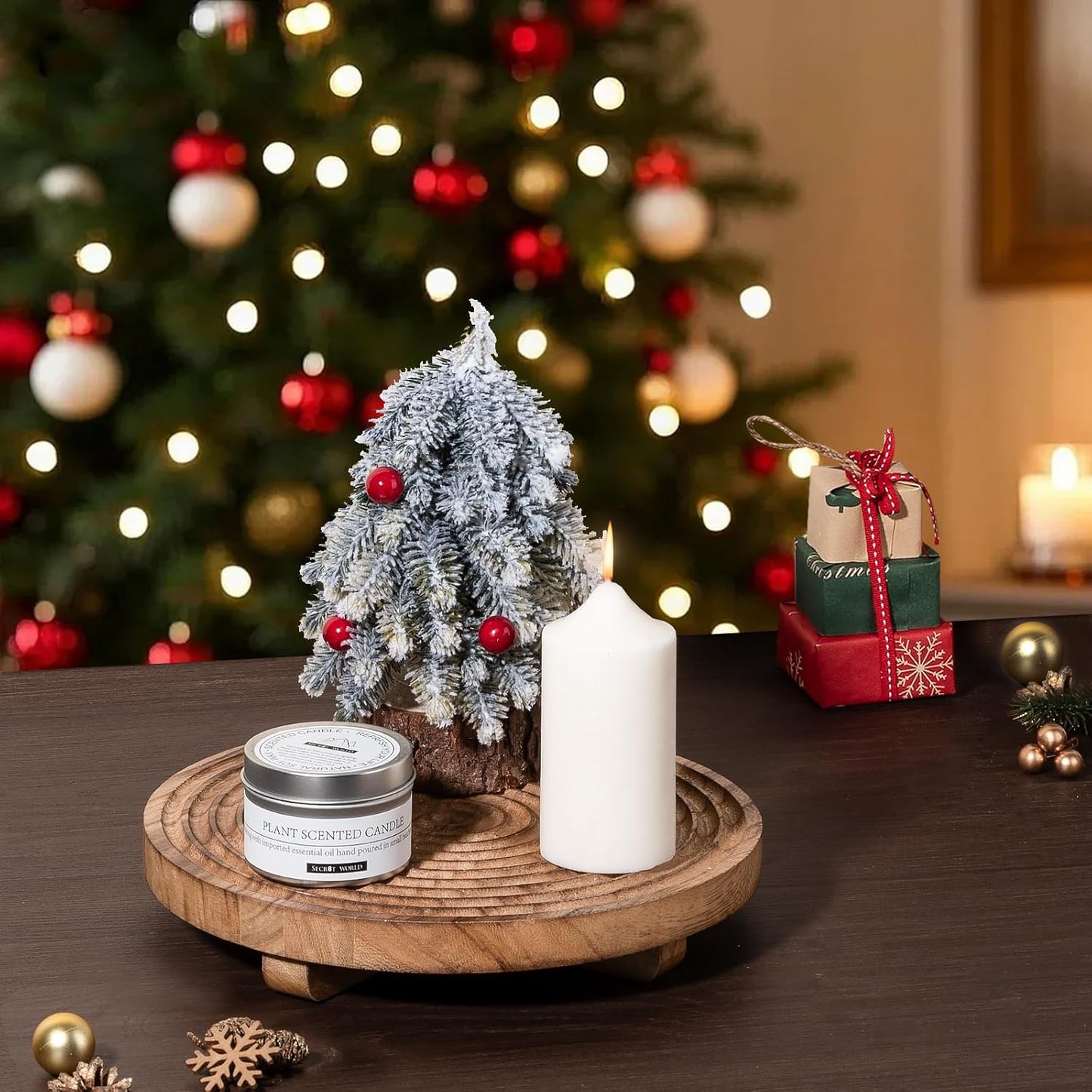 Round Decorative Tray Farmhouse Bathroom Decor Wood Riser Kitchen Countertop Organizer for Perfume