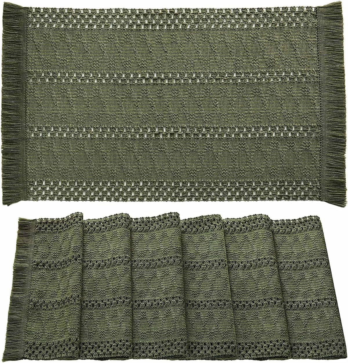 Macrame Style Boho Placemats Set of 6, Olive 12x20 Inch | Decorative Farmhouse Table Mats, Natural Cotton Woven Place