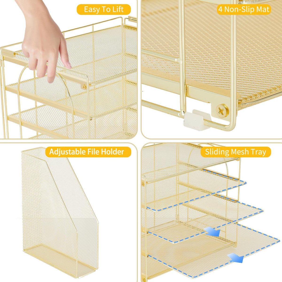 AUPSEN Gold Desk Organizers and Accessories, 5-Tier Desktop Paper File Organizer with Removable File Holder, Desk