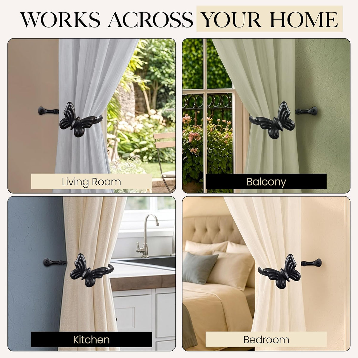 Metal Curtain Tiebacks, Drapery Holders for Wall, 2 Pcs | Farmhouse Wrought Iron Curtain Holdbacks, Ornamental Window