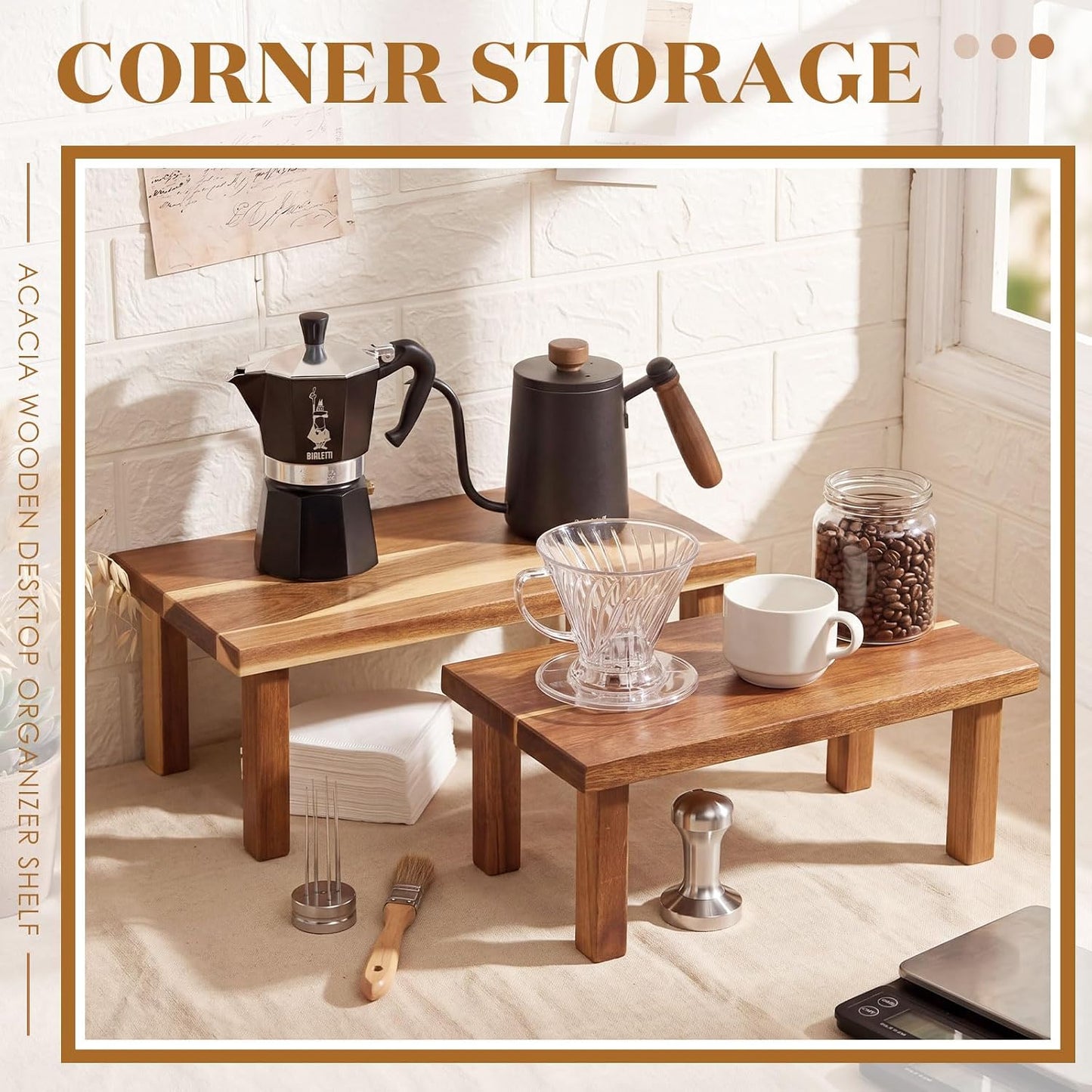 Extra Large Acacia Wooden Riser Wooden Countertop Organizer Display Shelf / 15 x 7.5 x 6 / Set of 2