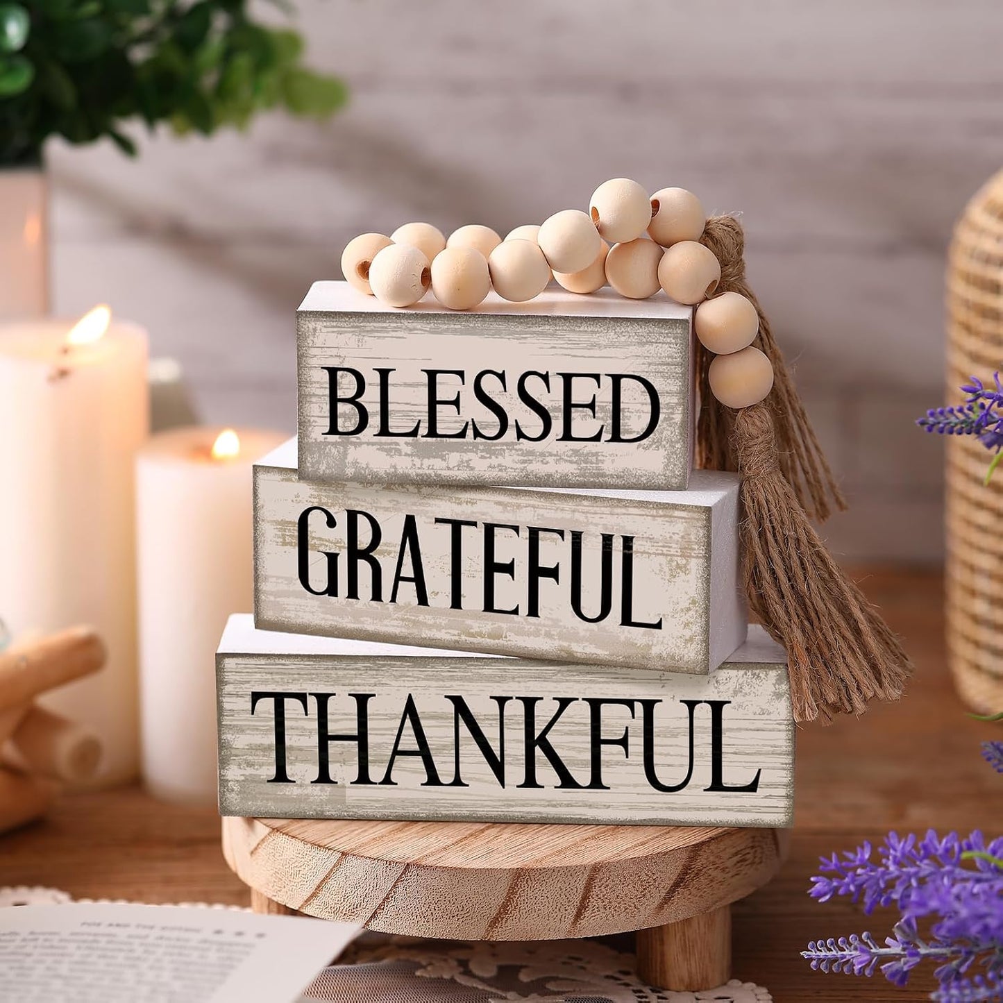 Farmhouse Wooden Tabletop Decor Neutral Farmhouse Tiered Tray Decor Rustic / Blessed / Set of 4
