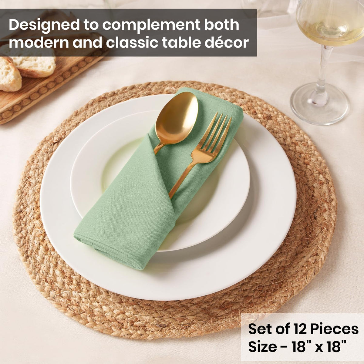Blue Needles Solid Cloth Napkins Set of 12 Sage Green 100% Cotton Dinner Napkins 18x18 inches - Soft, Reusable