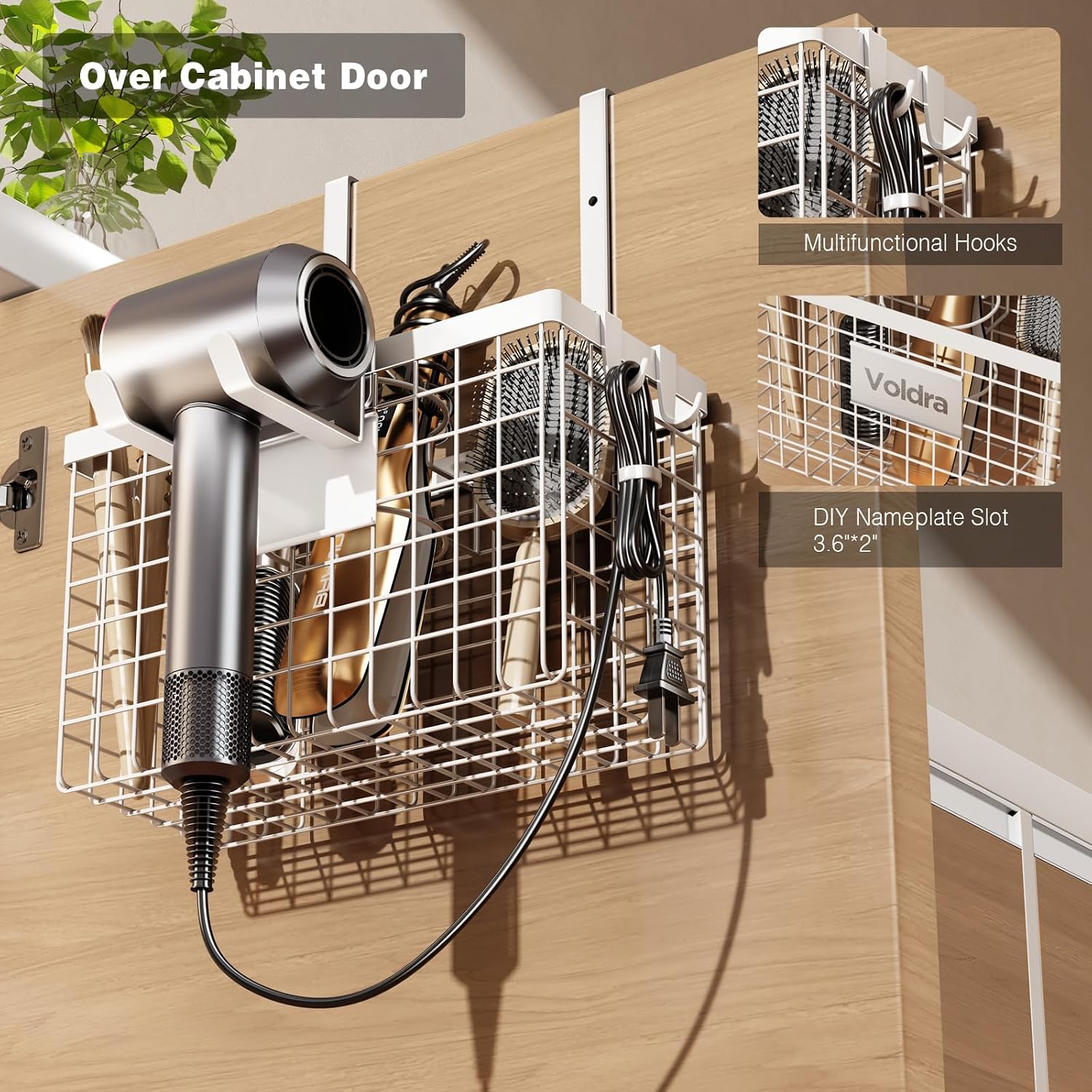 Voldra Hair Dryer Holder Cabinet Door, Adhesive Hair Tool Organizer Wall Mount Adjustable Height Blow Dryer Holder