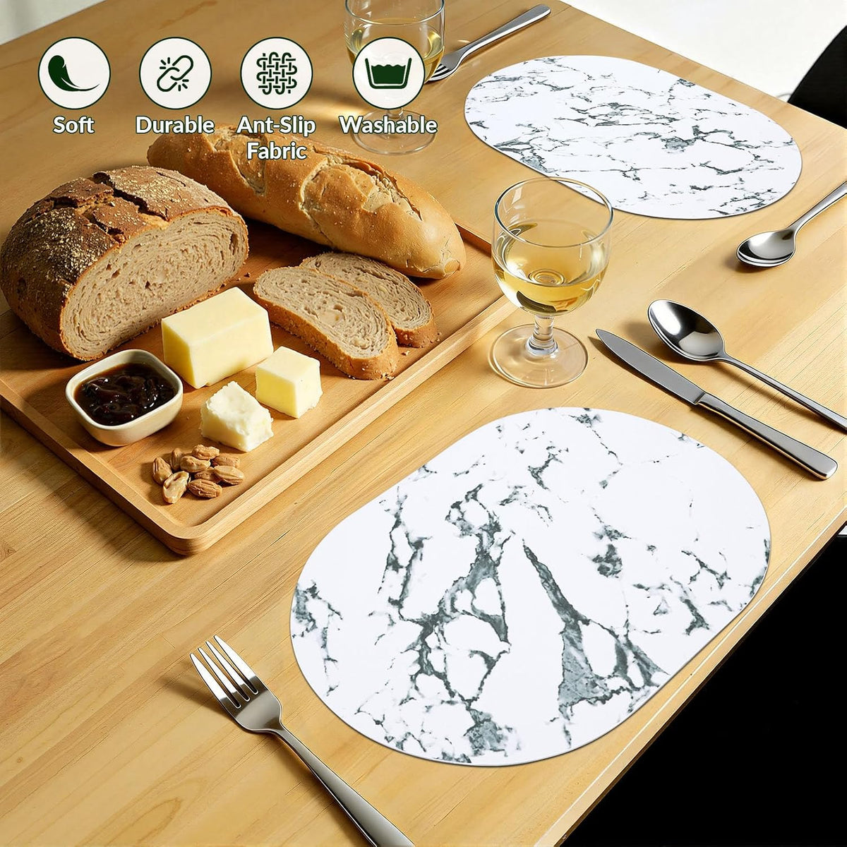 Placemats Set of 4, 11.8 x 17 Inch, Marble | Heat Resistant Oval Faux Leather Place Mats, Waterproof Wipeable