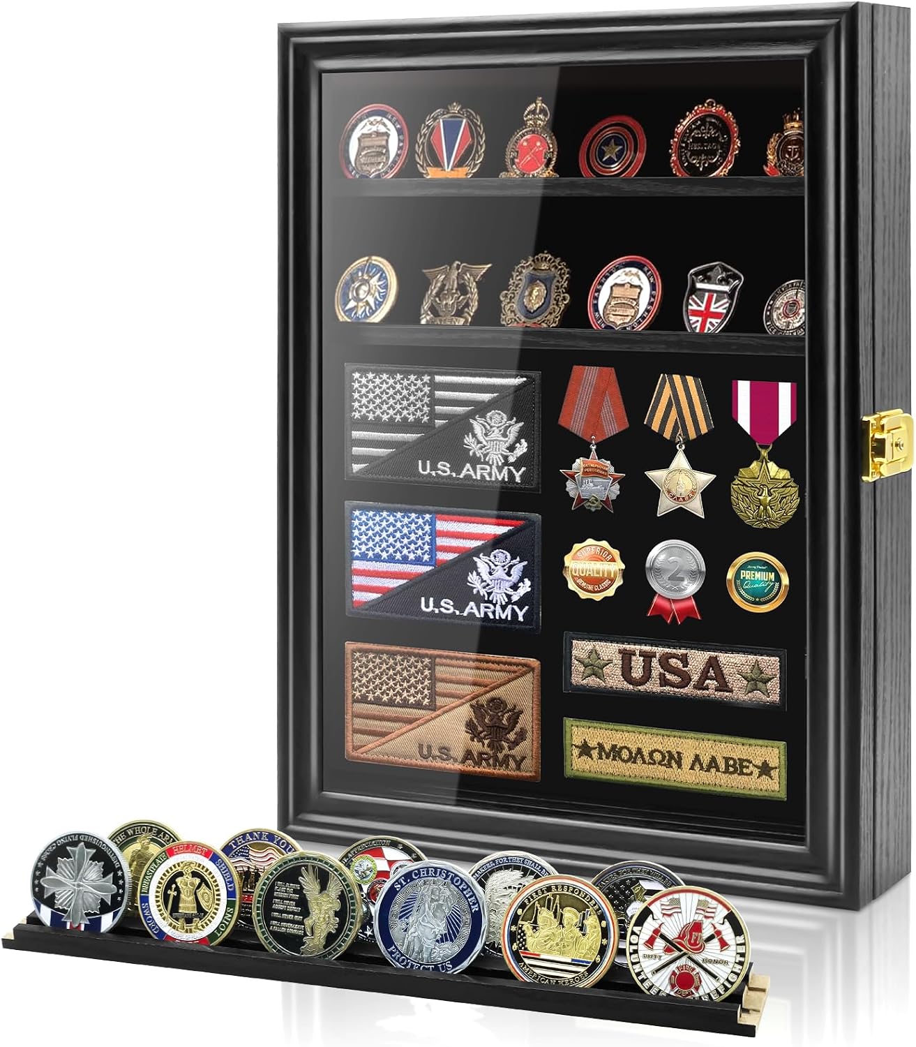 Military Challenge Coin Display Shadow Box Holds Up to 70 Coins, Lockable Wall-Mounted Cabinet for Medals, Pins