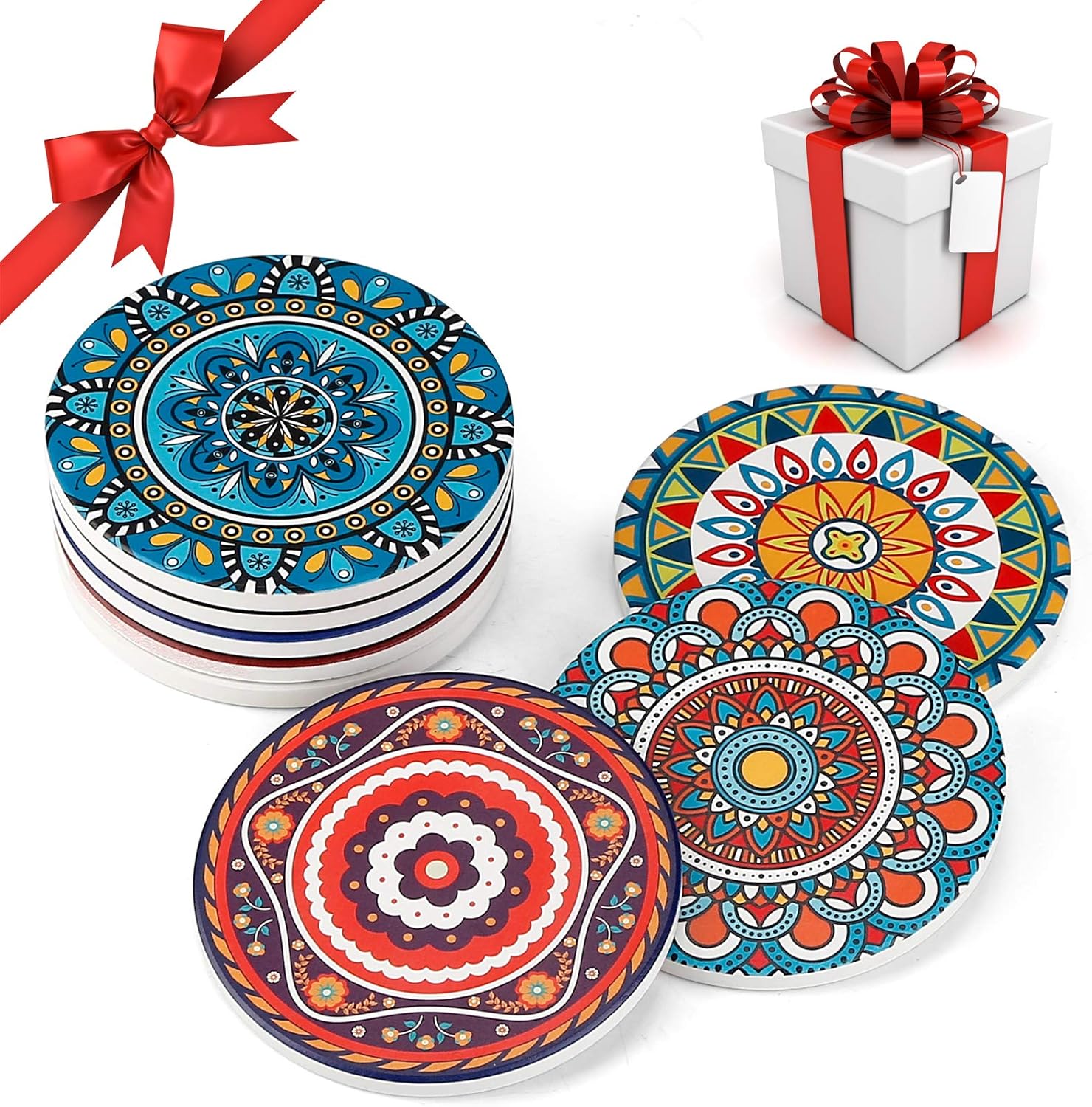 Absorbent Stone Coasters for Wooden Table / Mandala / Set of 8