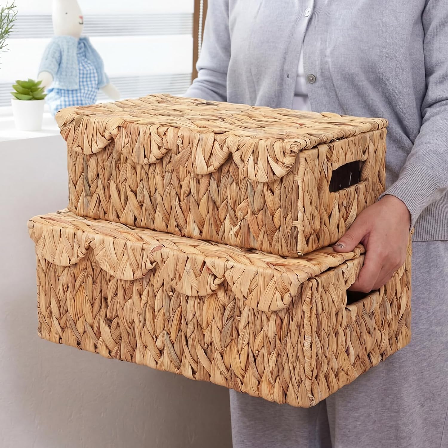 Large Wicker Storage Baskets / Natural Color / Water Hyacinth / Set of 3