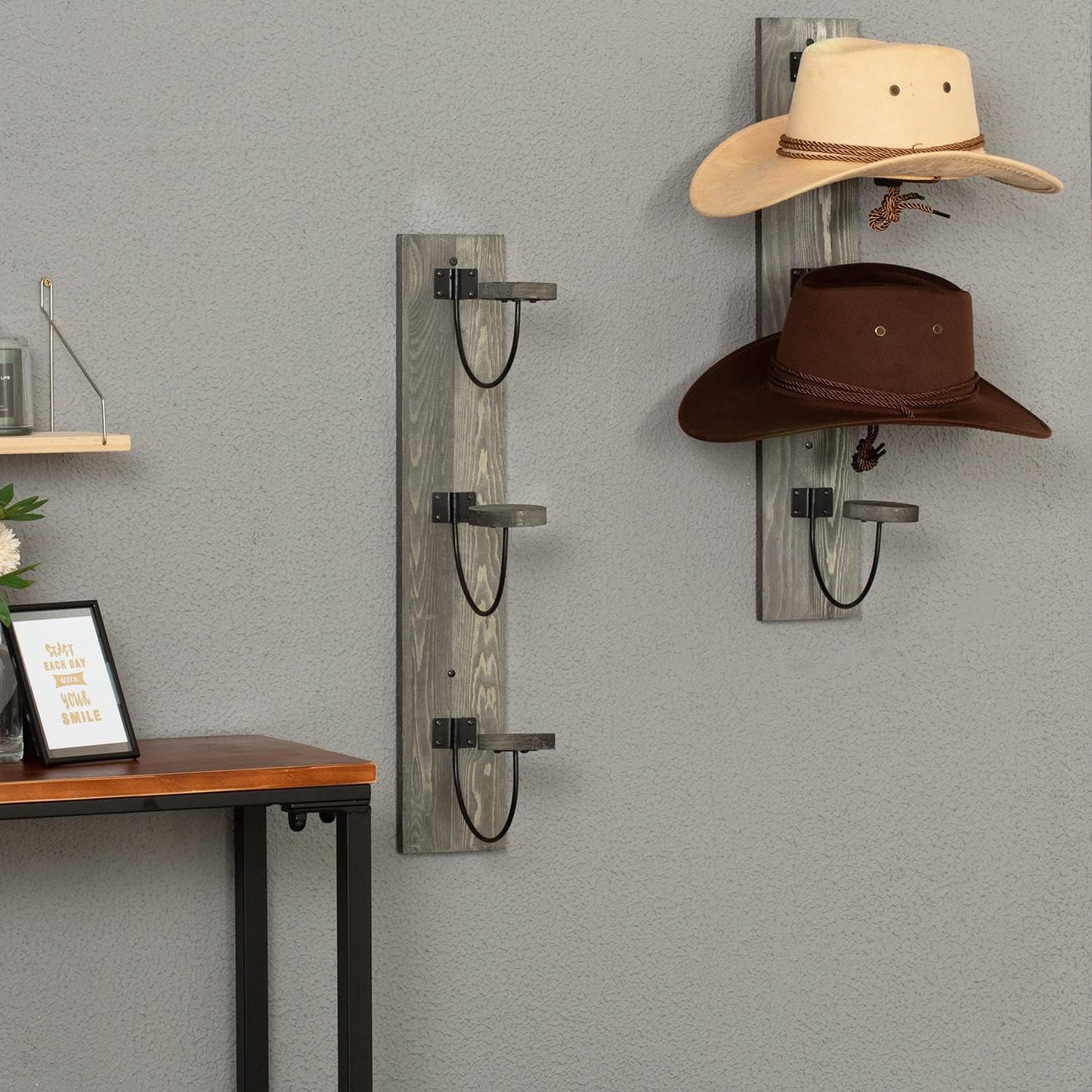 MyGift 2 Pcs Hat Rack Wall Mount, Cowboy Hat Organizer Holder, Coat, Cap Clothes Hanger with Metal Wire and Wood Hooks