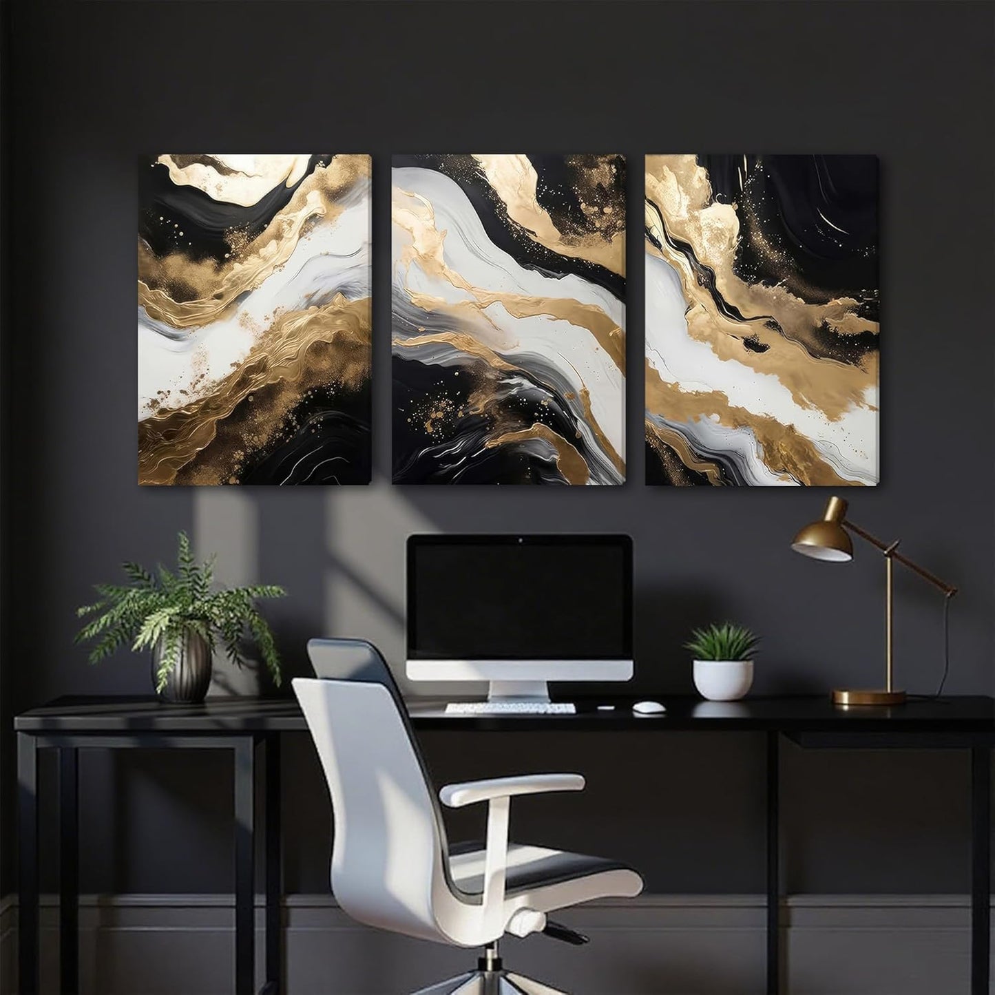 3 Piece Framed Black and White Abstract Wall Art / 24"L x 16"W / Black and Gold