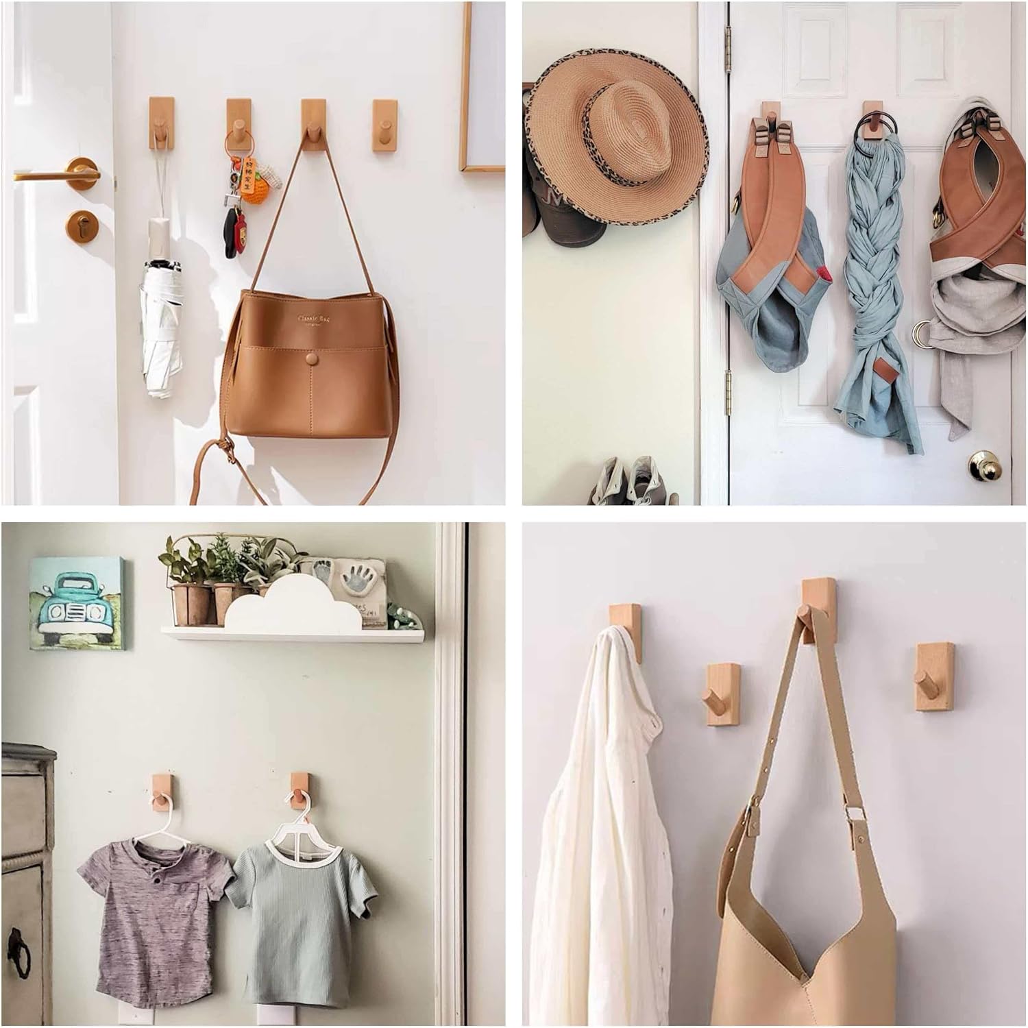 Adhesive Wall Hooks Hat Rack / Rectangle-beech / Set of 4