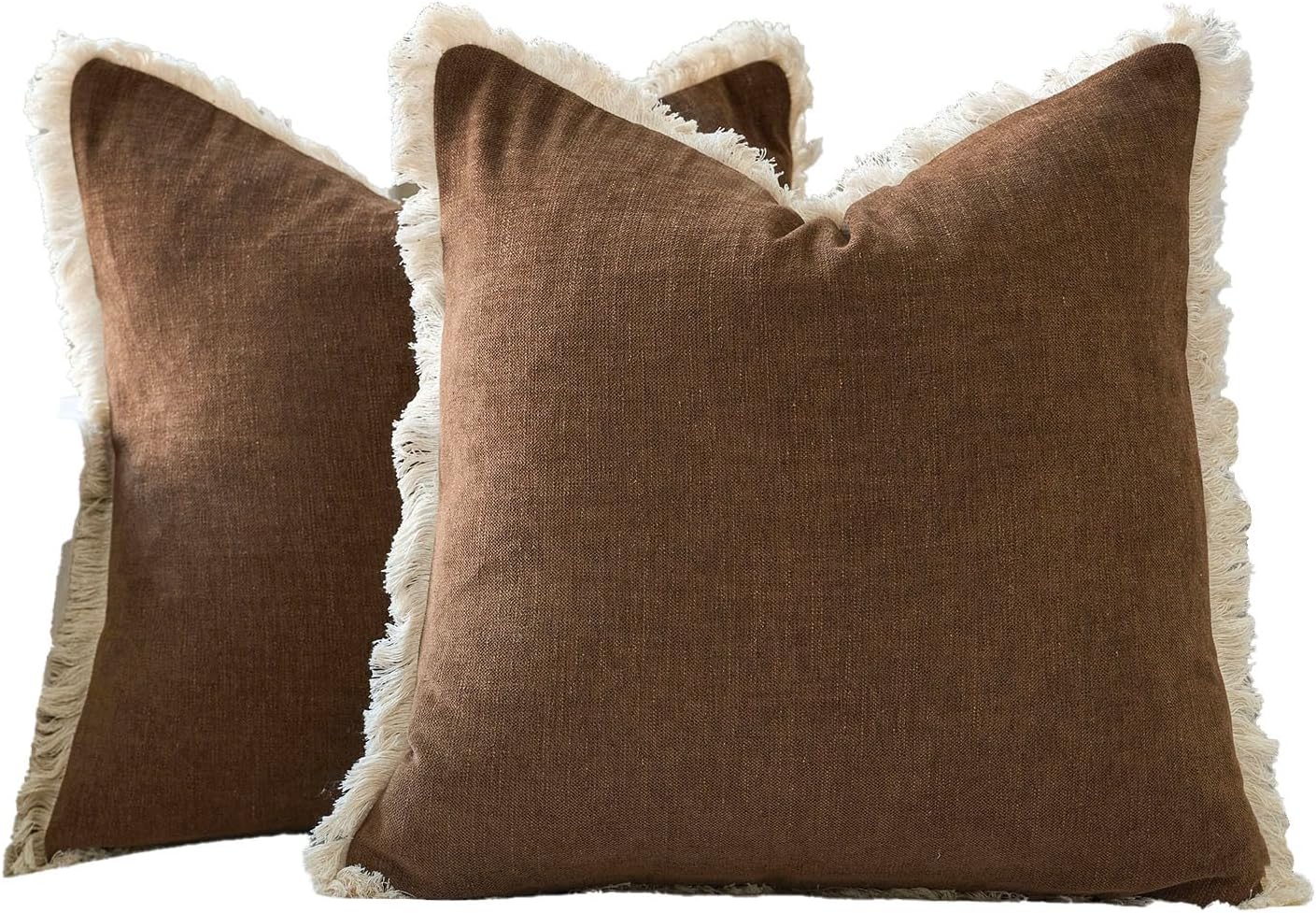 Fringe Throw Pillow Covers Boho Neutral Farmhouse Decorative Pillow / Brown / 18 x 18 / Set of 2