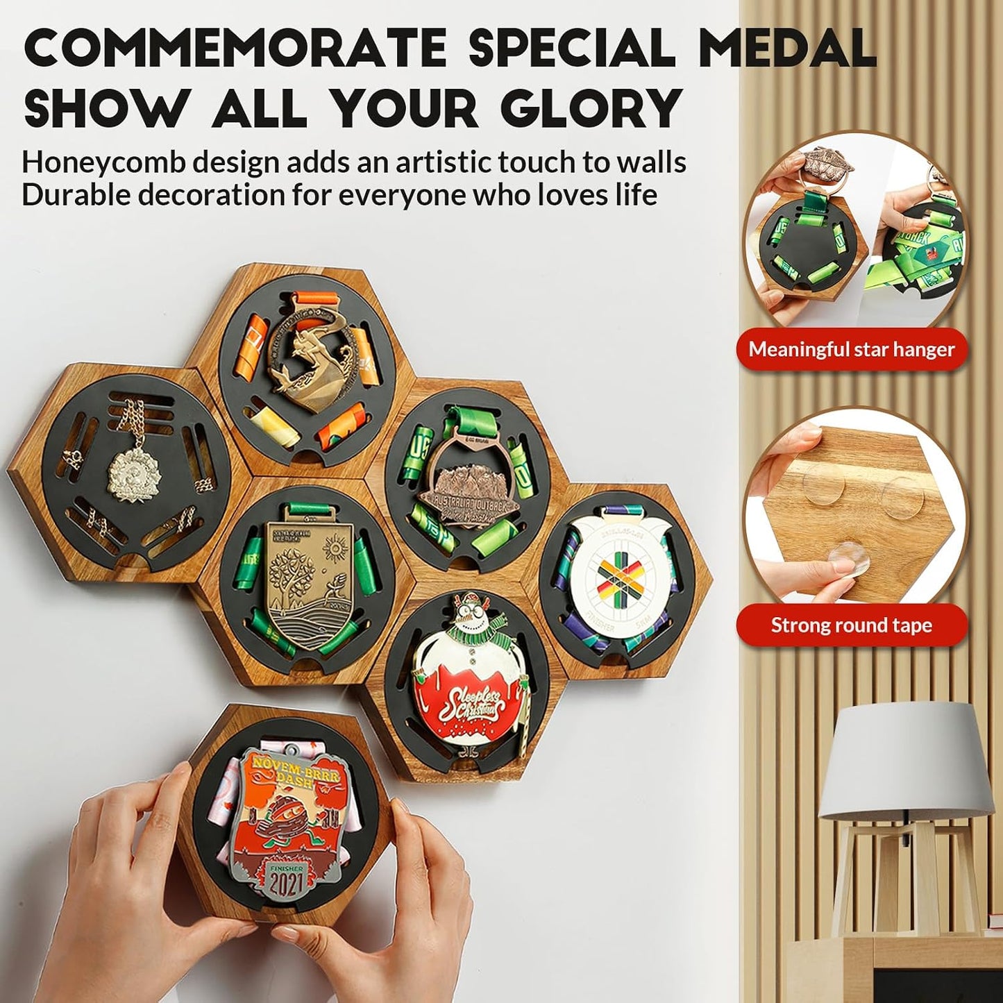 Medal Hanger Display Honeycomb Wooden Hexagon for Wall, with Strong Magnets & Black Round Iron Medal Holder for Sports