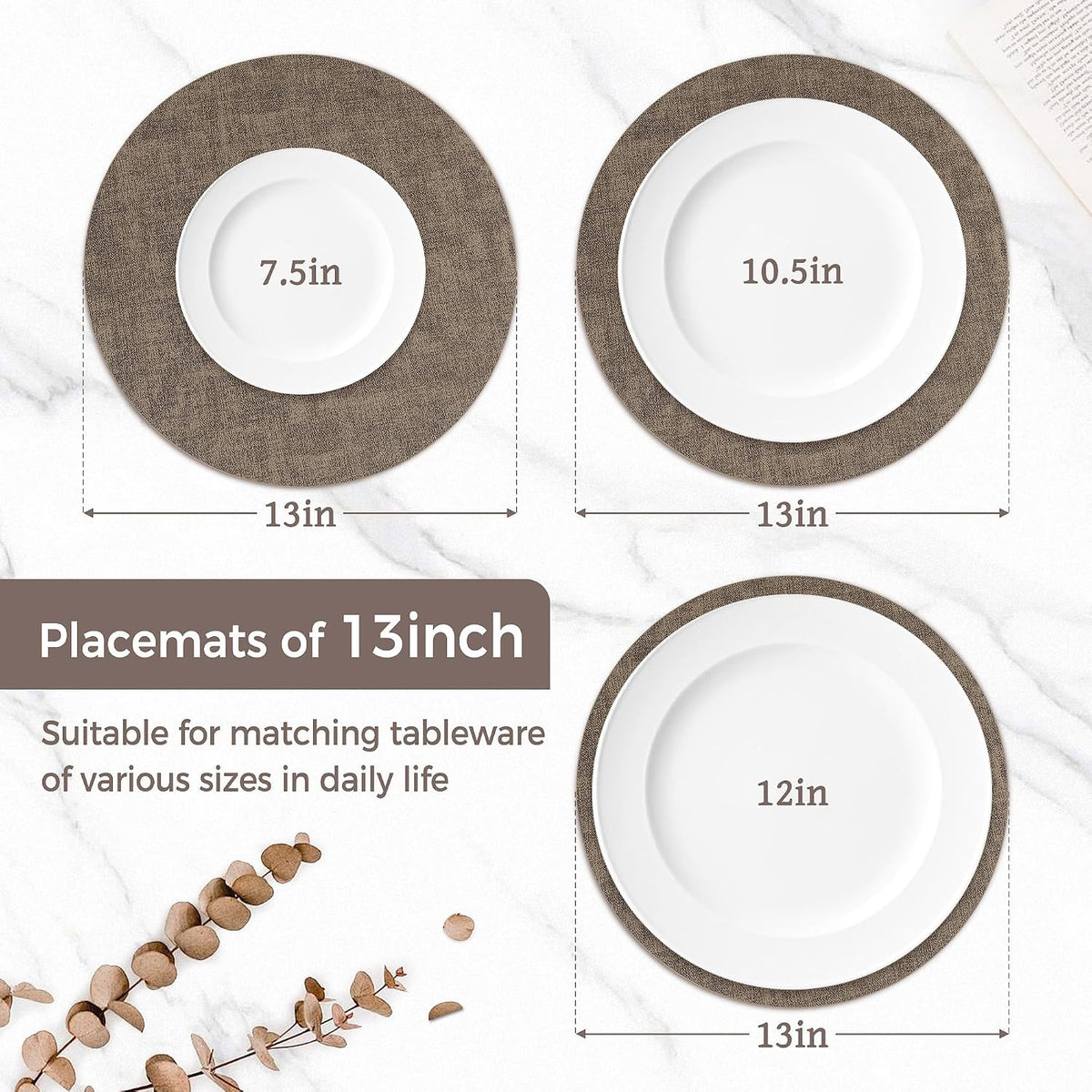 13" Round Placemats Set of 8, Reversible Faux Leather Wipeable Table Mats | 2mm Vinyl Heat Resistant Waterproof