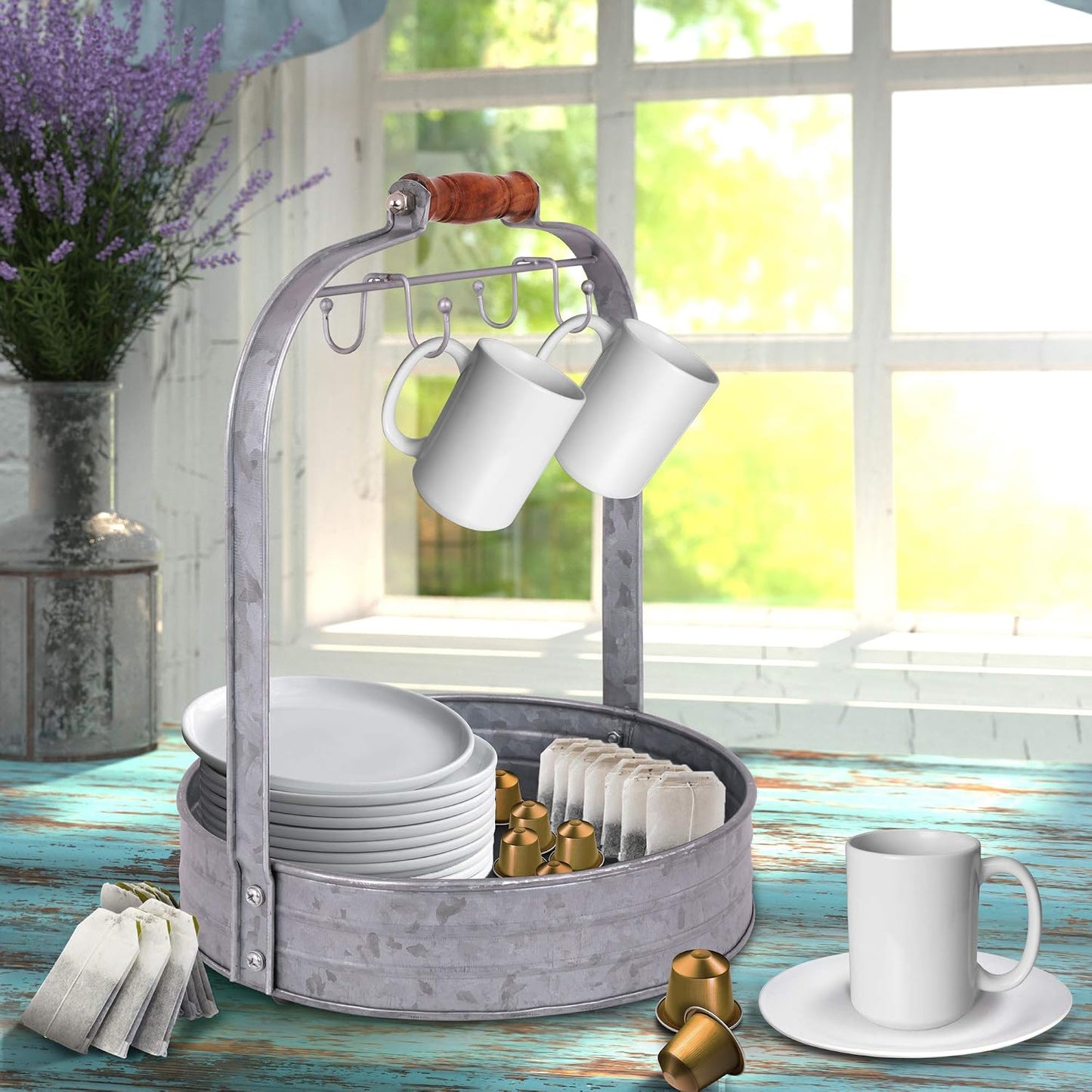 Autumn Alley Rustic Farmhouse Galvanized Coffee Mug Rack Organizer for Kitchen Counter | Mug Tree with Cup Hooks and