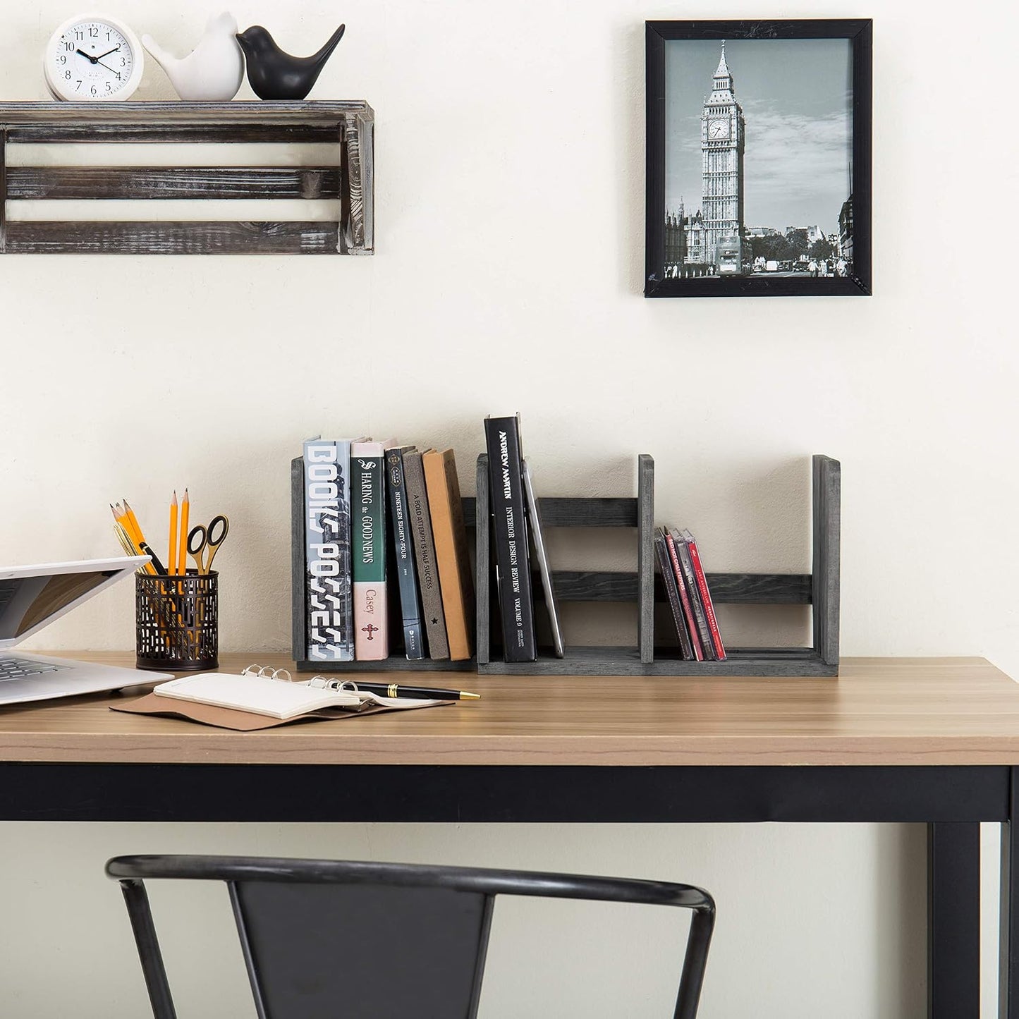 MyGift Gray Barnwood Desktop Bookshelf, Adjustable Expandable Book Rack | Expandable width adapts to changing