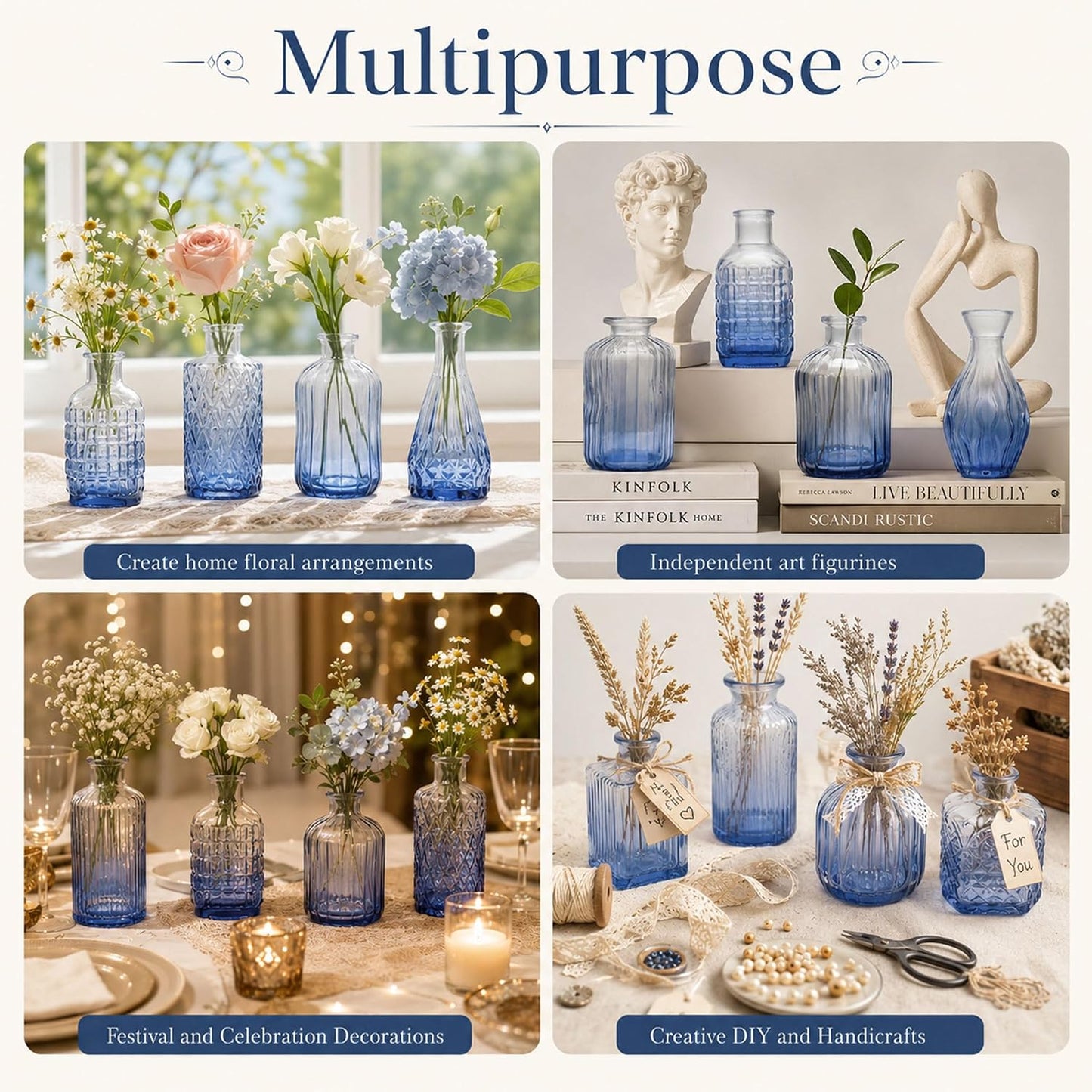 Glass Vase / Petal Petite Small Glass Bud Vase / Blue / Set of 18