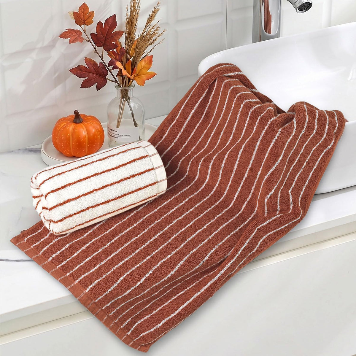 Striped Cotton Hand Towels Set of 4 - Soft, Absorbent Towels for Bathroom | Kitchen & Fall Gatherings, 13" x 29"