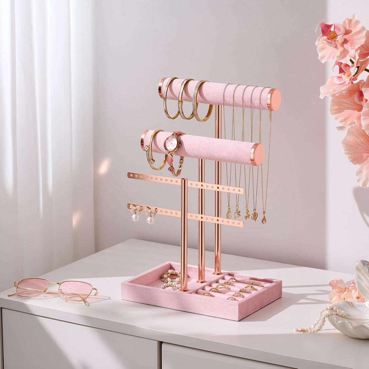 Detachable T Bar Velvet Bracelet Holder / Pink / Standard