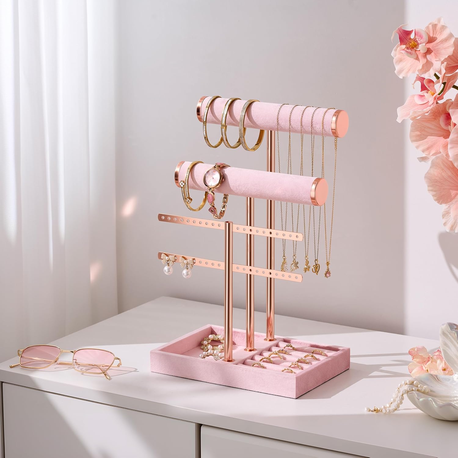 Detachable T Bar Velvet Bracelet Holder / Pink / Standard