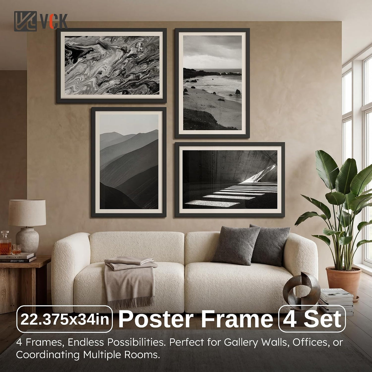 VCK 22.375x34 Poster Frame Black 4 Pack, Wide Thick Wood Border, for Print | Exclusive Woodgrain, Wall Hanging, HD