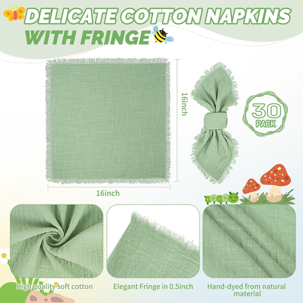 Showgeous 30 Pack Sage Green Cloth Napkins with Fringe, 16x16 inch | 100% Cotton Green Napkins Handmade Dinner Napkins