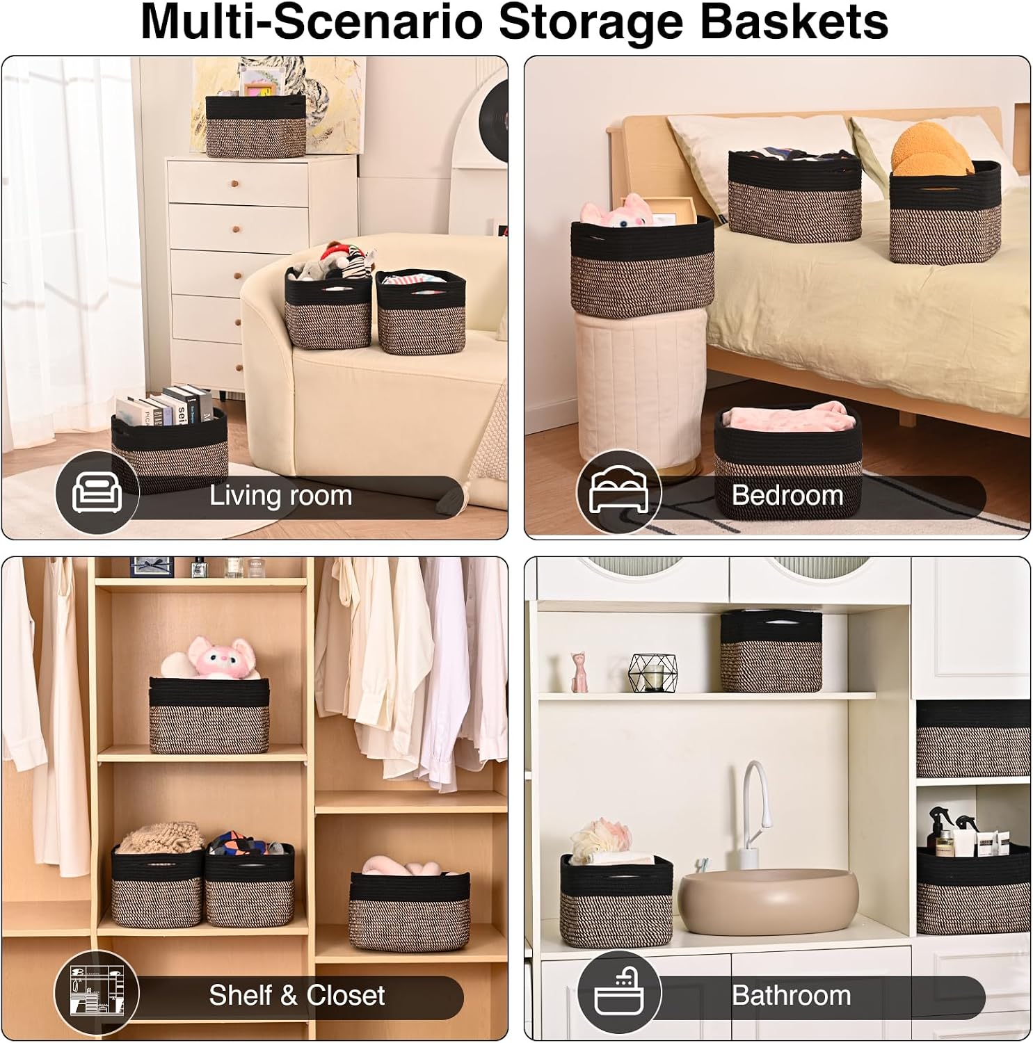 Woven Cotton Rope Baskets for Storage / Black & Jute