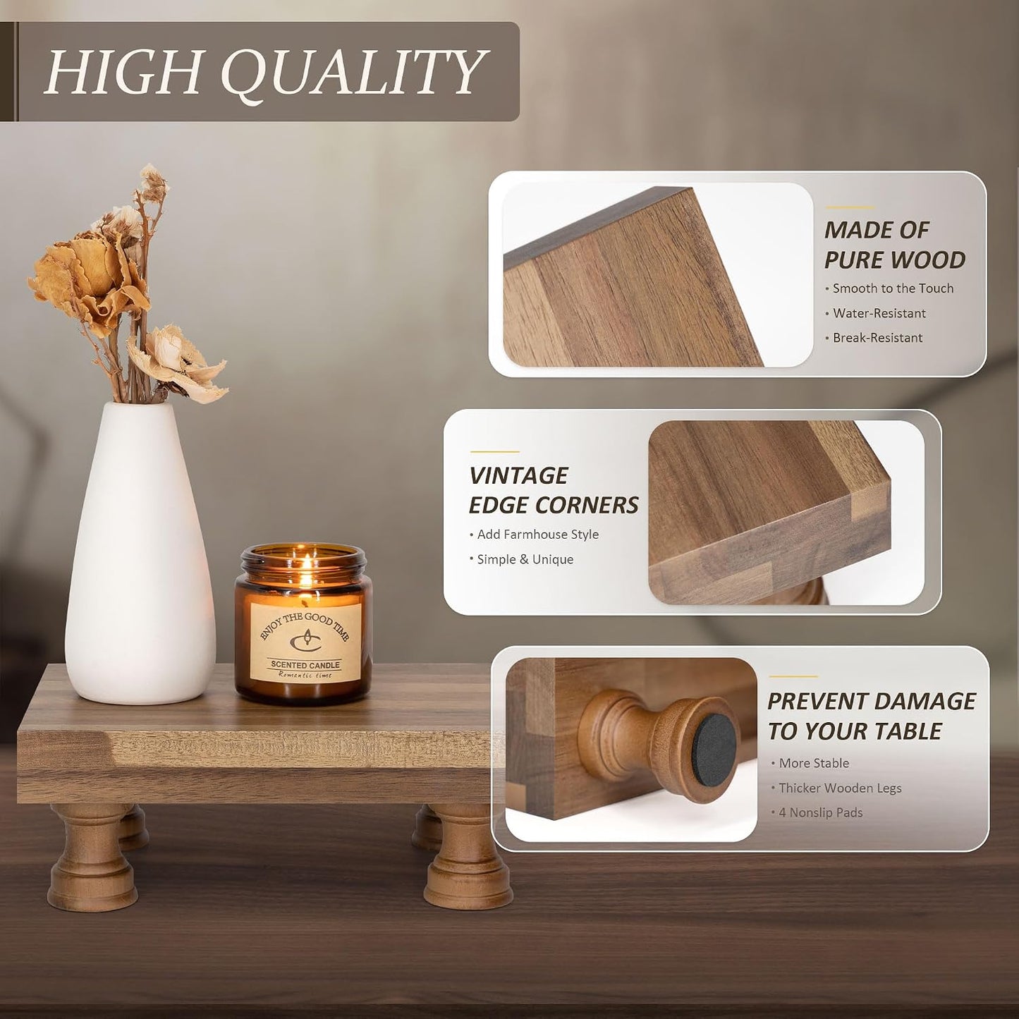 EOSAHR Wood Riser for Decor & Display Stand for Kitchen Counter, Brown | Acacia Wood, Rich Finish, 8.5" Pedestal Stand