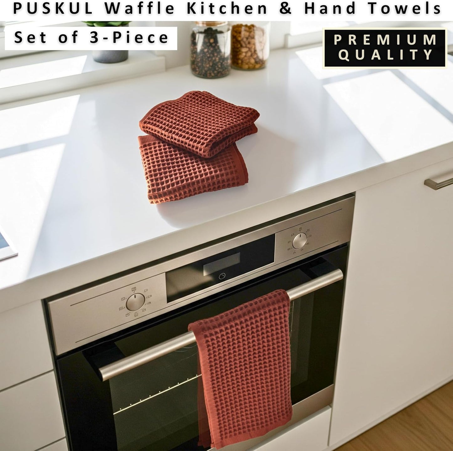 PÜSKÜL Natural 100% Turkish Cotton Waffle Hand and Kitchen Towels Set of 3 | Brick-Red, Large 32x16 inc