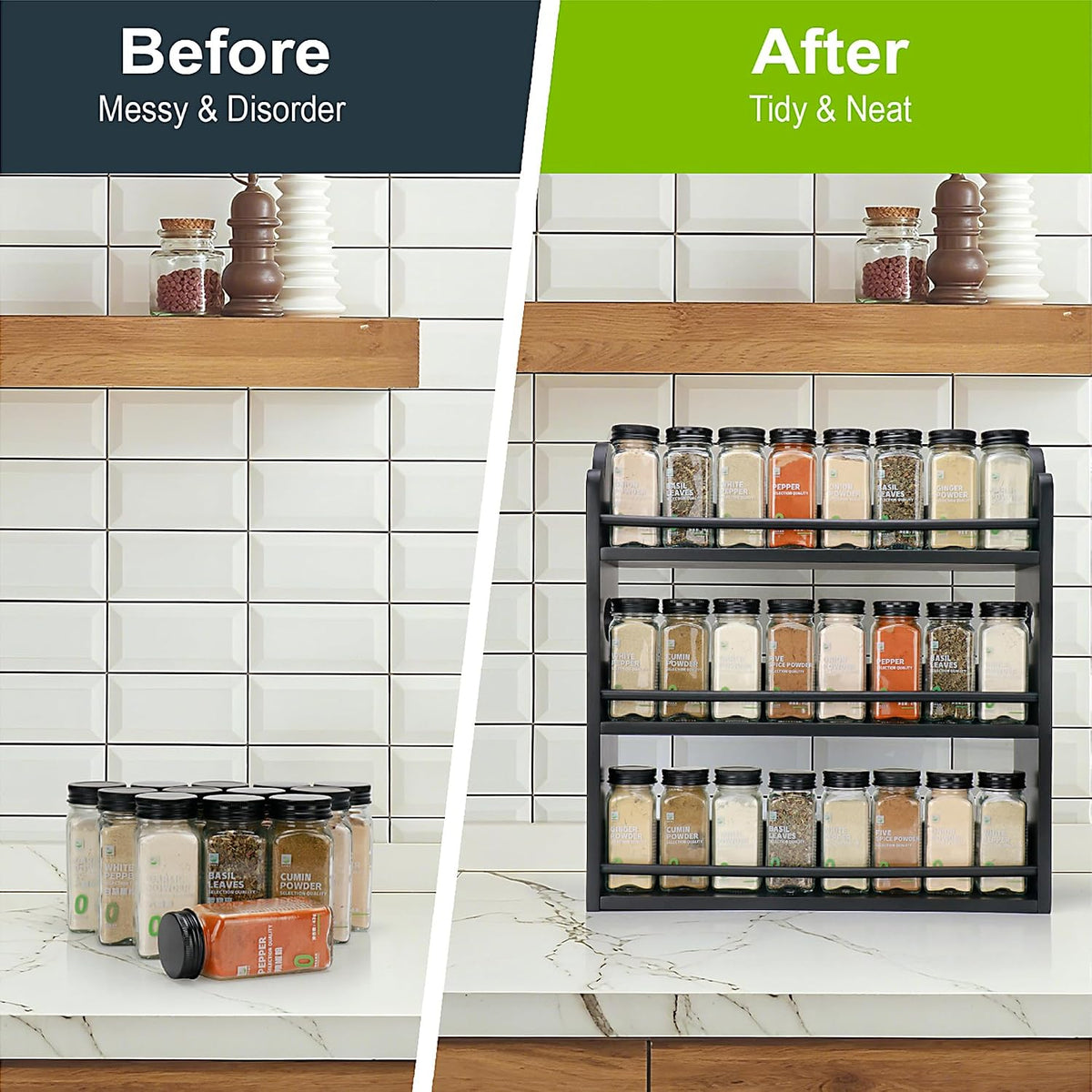3-Tier Bamboo Spice Rack, Wall Mount & Countertop Spice Organizer | Seasoning Jars Rack Shelf Spice Organizer for