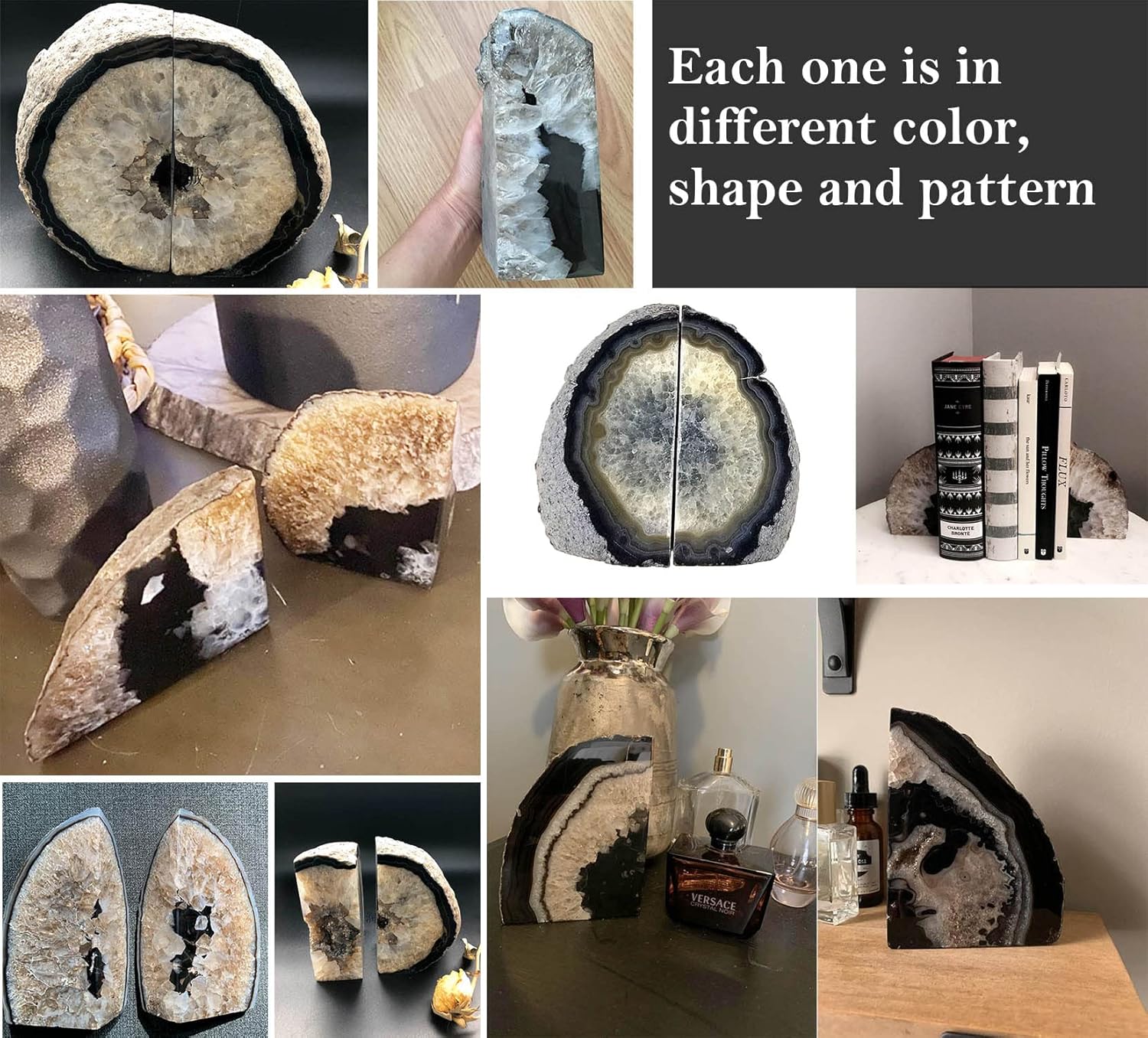 Agate Bookends Black Geode Book Ends Heavy Duty Bookend Holder Decorative / Natural Black / 2-3LBS