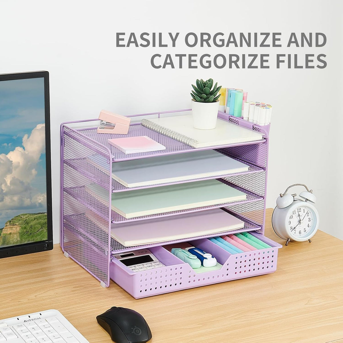 LEKETREE Desk Organizers and Accessories, 5-Tier Paper Letter Tray Organizer with Drawer & 2 Pen Holders, Desktop