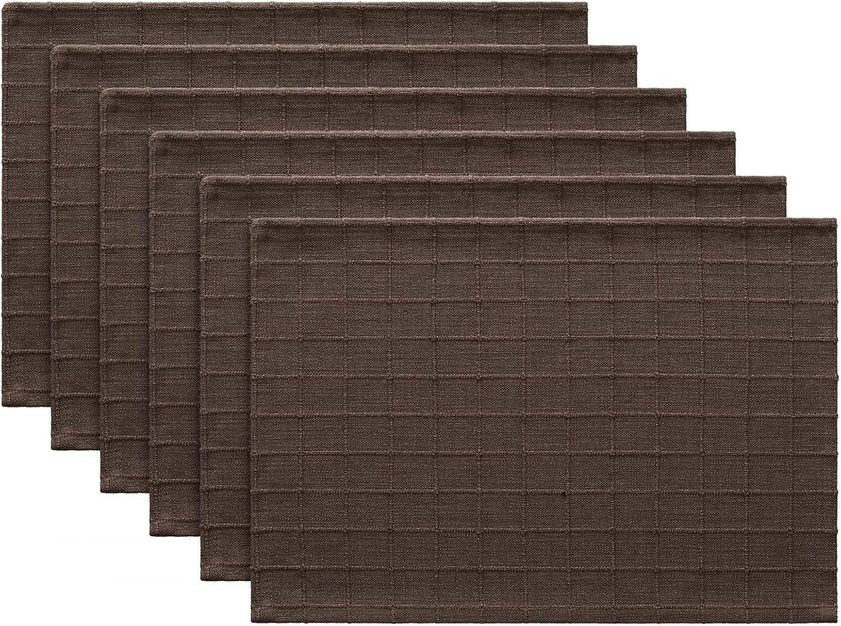 Artisanal Grid Decorative Linen Placemats Set of 6, Chocolate | Thick Heavy Textured Washed Linen Place Mats 13×19in