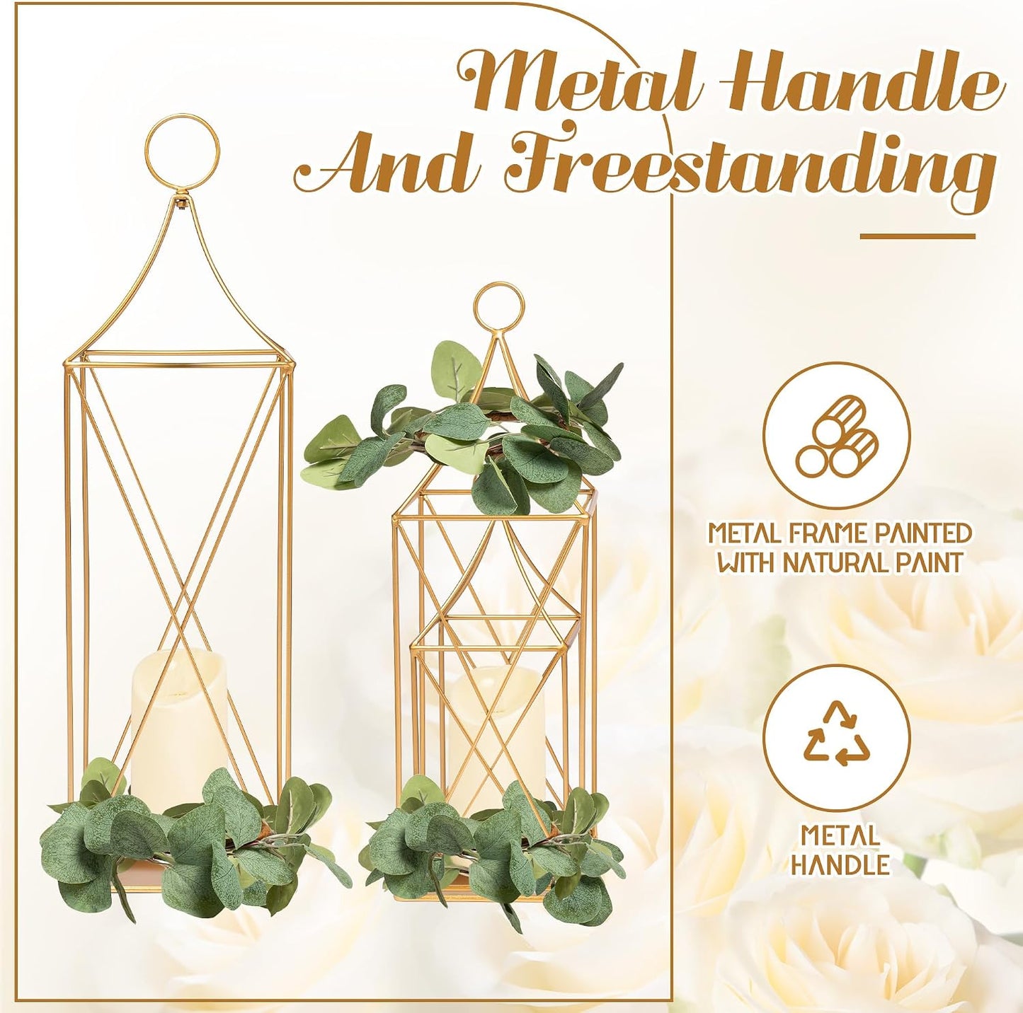 HPC Decor Tall Metal Lantern Decor Set of 3-24" 19" 13" Elegant Decorative Lanterns with Garlands-Modern Gold Candle