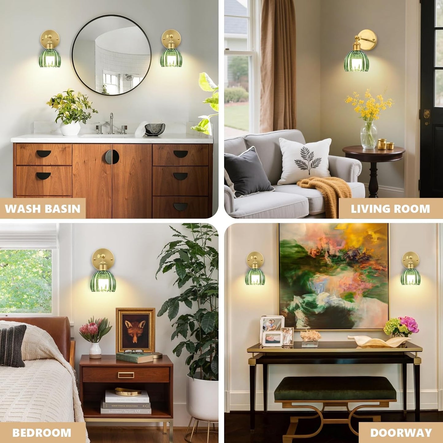 Vintage Battery Operated Wall Sconce, Green Tulip Glass Lampshade Wireless Rechargeable Battery Powered LED Wall Light