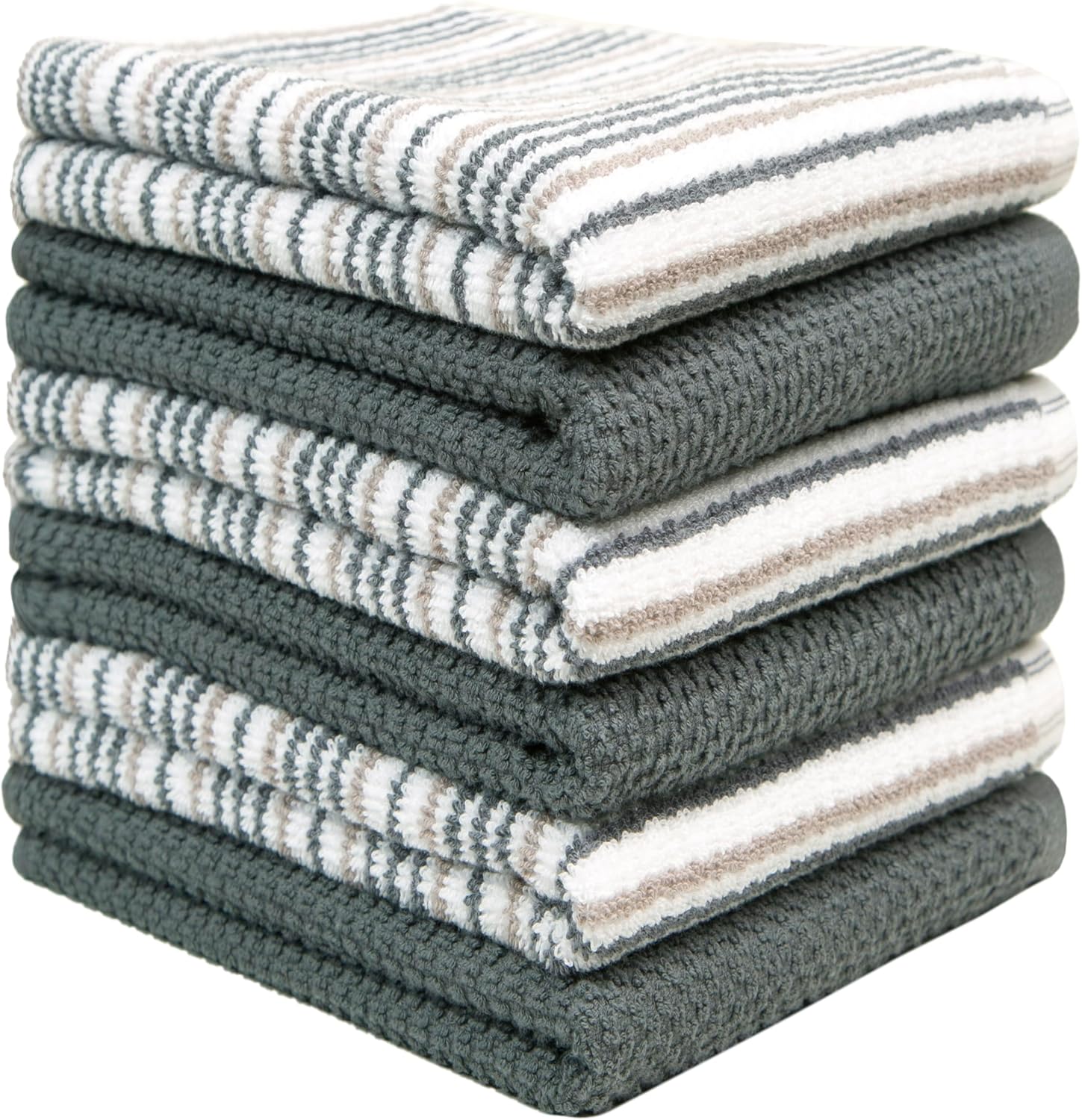Bumble Kitchen Towels 6 Pack 100% Cotton 16"x26" - Grey Wide Stripe | 430 GSM Soft Kitchen Hand Towels with Hanging