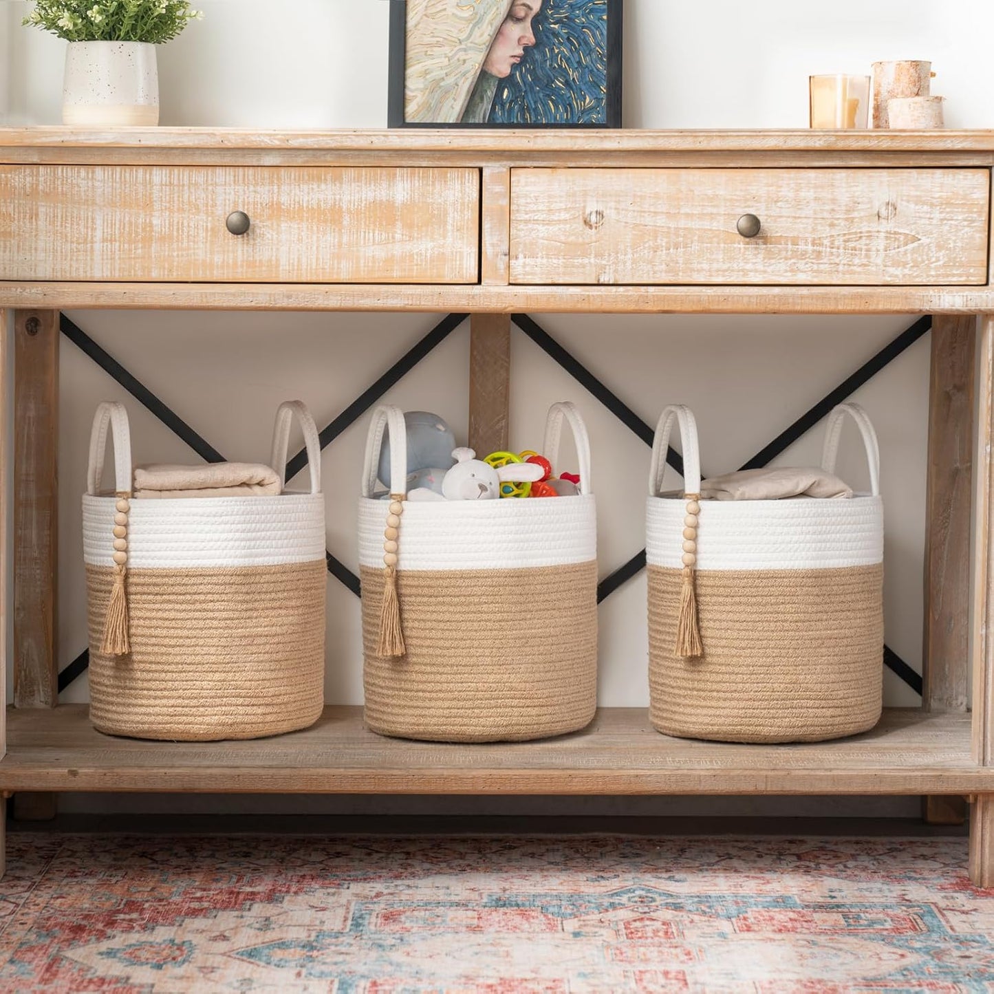 Woven Storage Basket Decorative Rope Basket Wooden Bead / Cream White and Brown / 11"W x 11"L