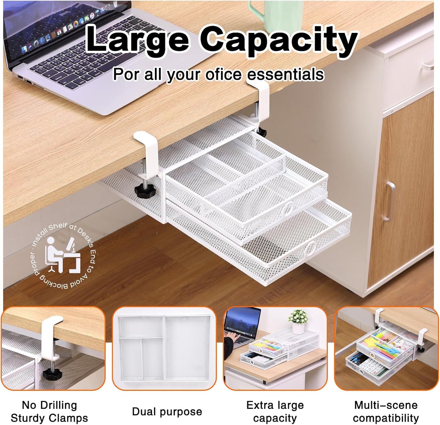 Under Desk Drawer, Clamp on Desk Organizer Slide Out Table Storage No Drill | 2Tier Under desk drawer: clamp on desk