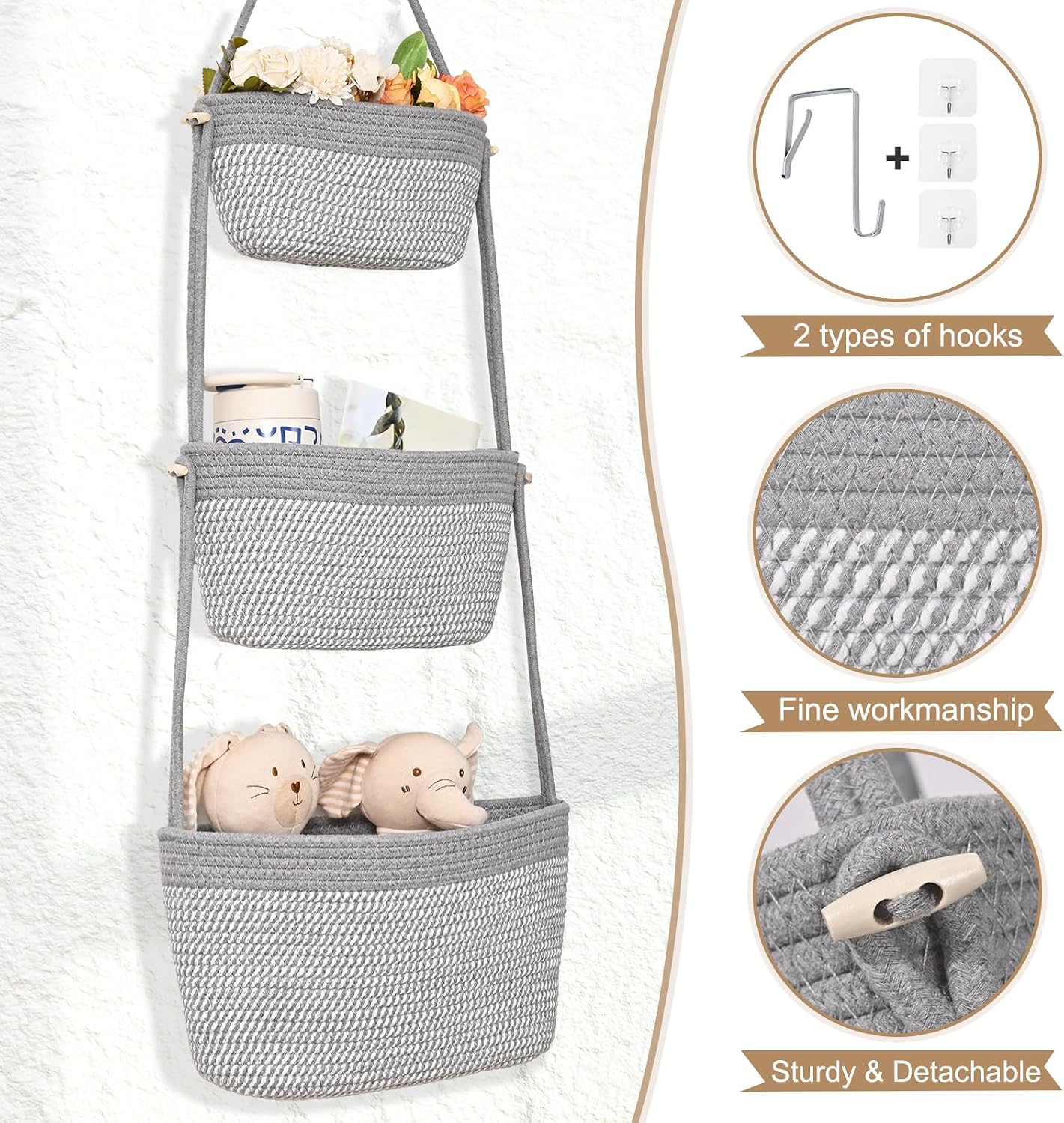 3-Tier Woven Wall Basket / Classic / Gray